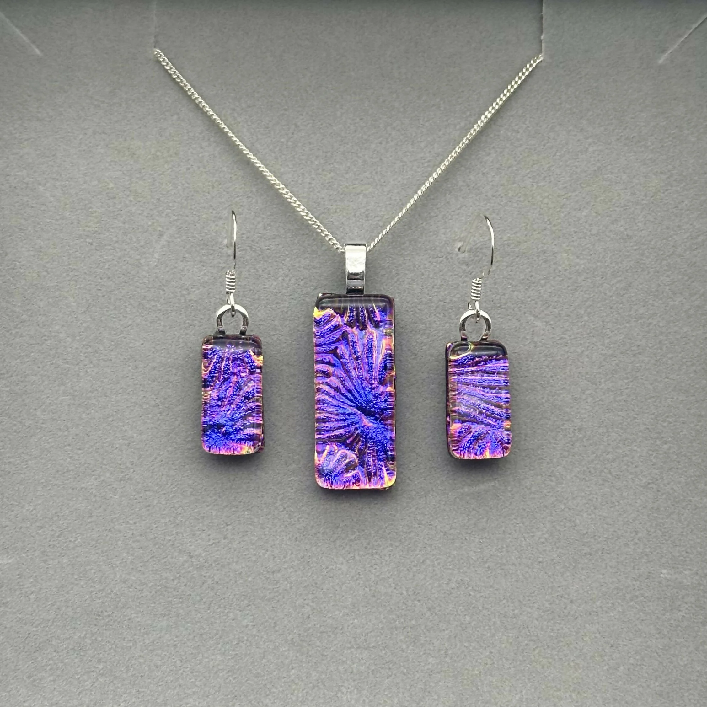 Pink & Purple Flower Dichroic Glass Necklace and Earrings Set - Sterling Silver, Handmade by Jade Tapson Glass. - Image 3