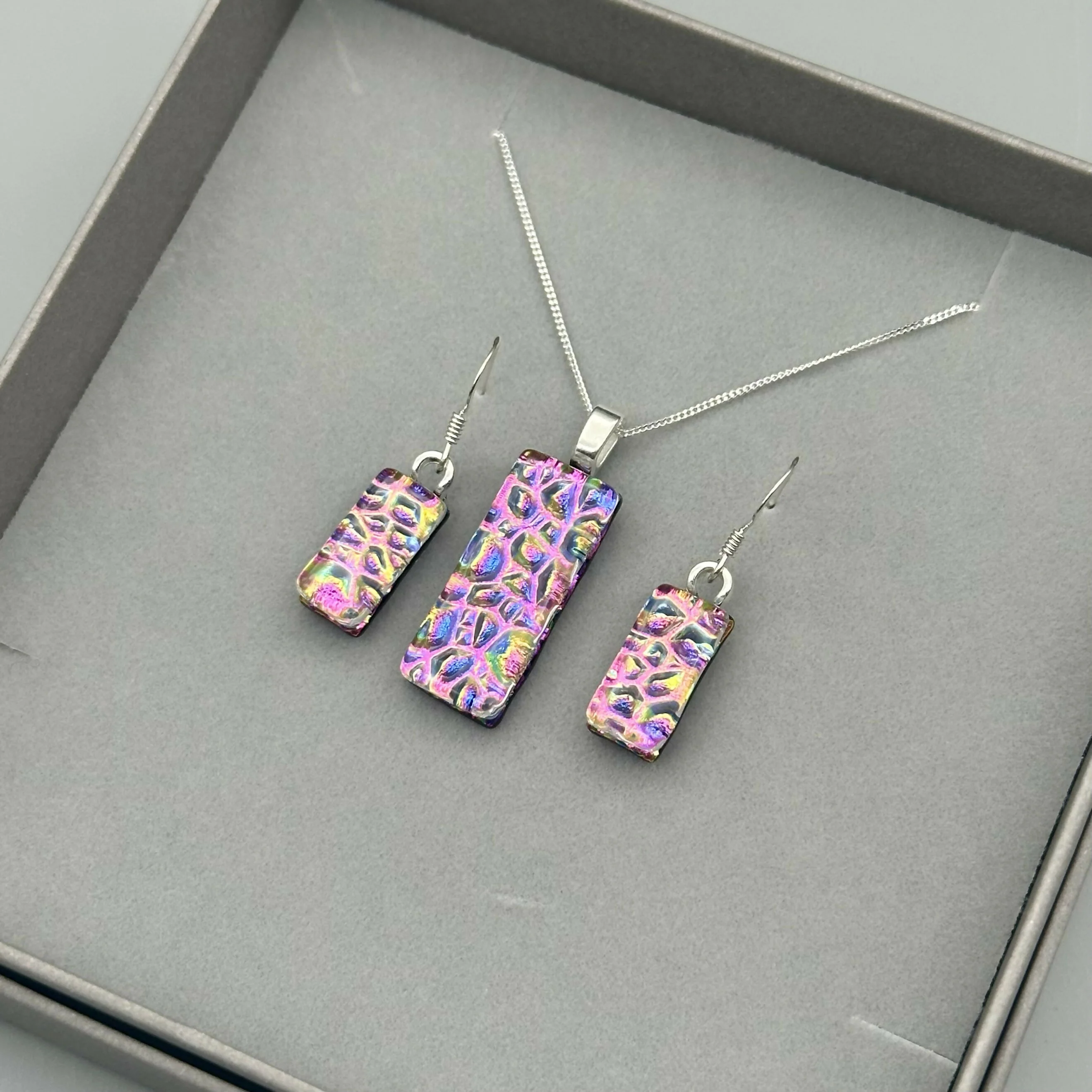Pink Rainbow Raindrop Dichroic Glass Necklace and Earrings Set - Sterling Silver, Handmade by Jade Tapson Glass - Image 3