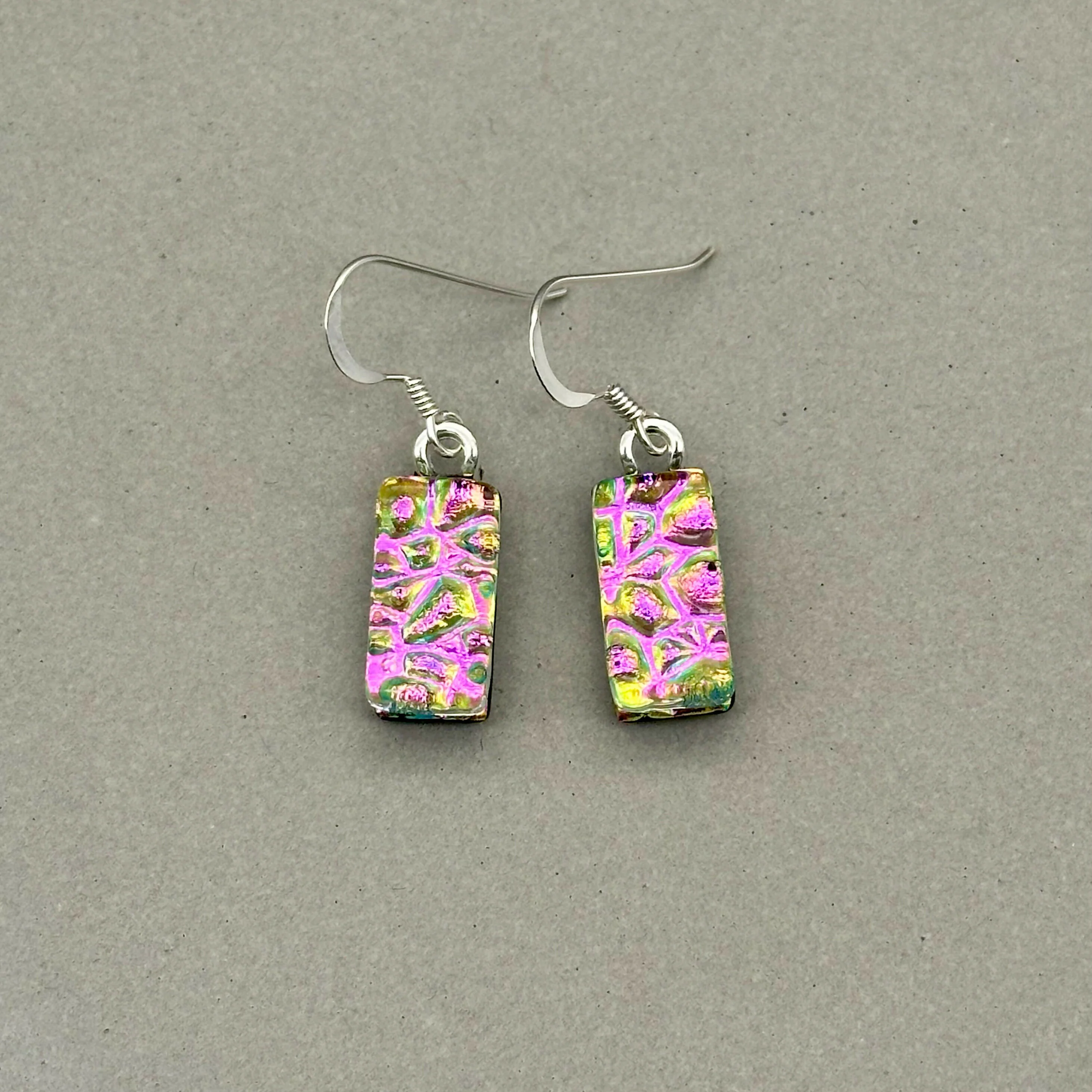 Pink Raindrop Dichroic Fused Glass Dangle Sterling Silver Earrings - Handmade by Jade Tapson Glass.