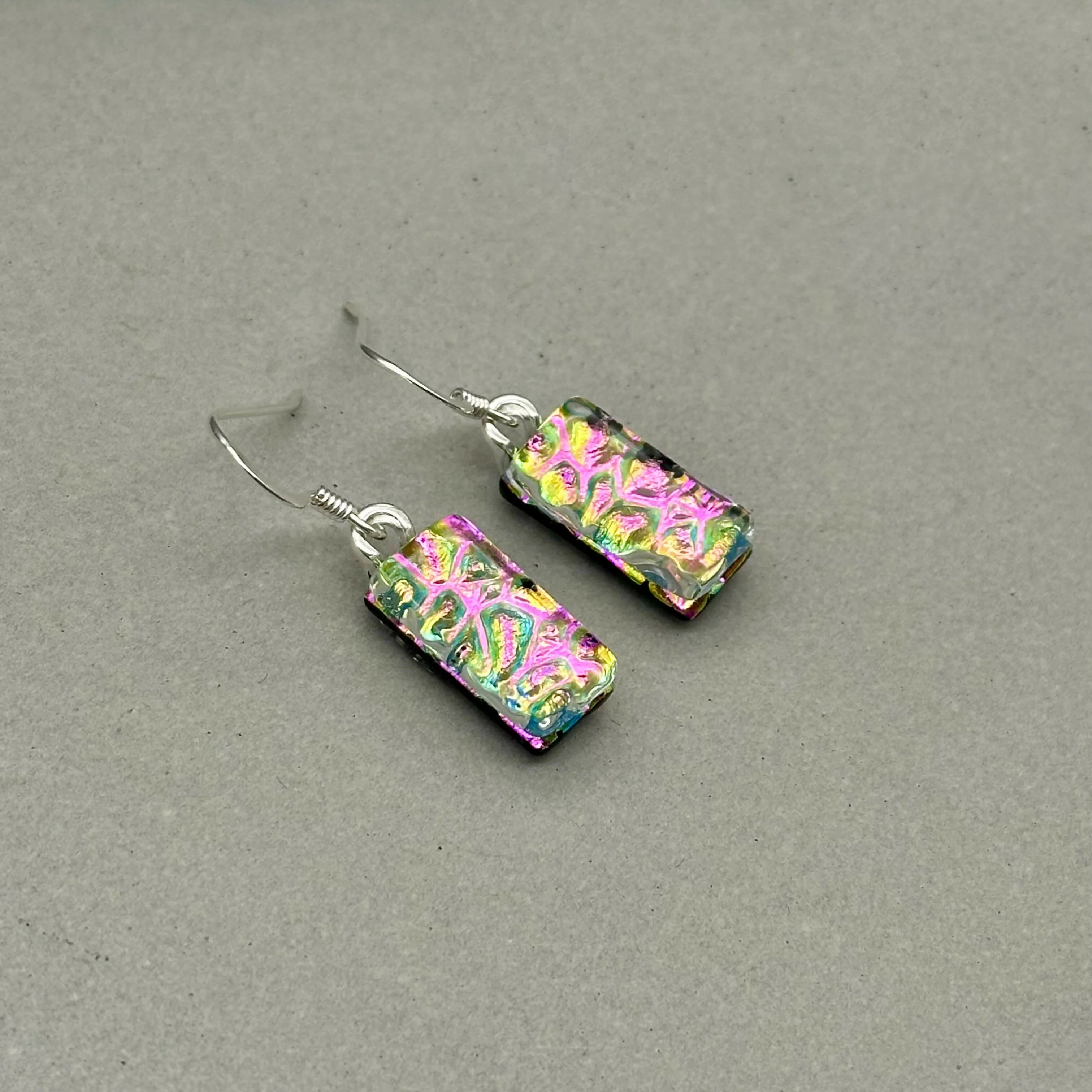 Pink Raindrop Dichroic Fused Glass Dangle Sterling Silver Earrings - Handmade by Jade Tapson Glass. - Image 2