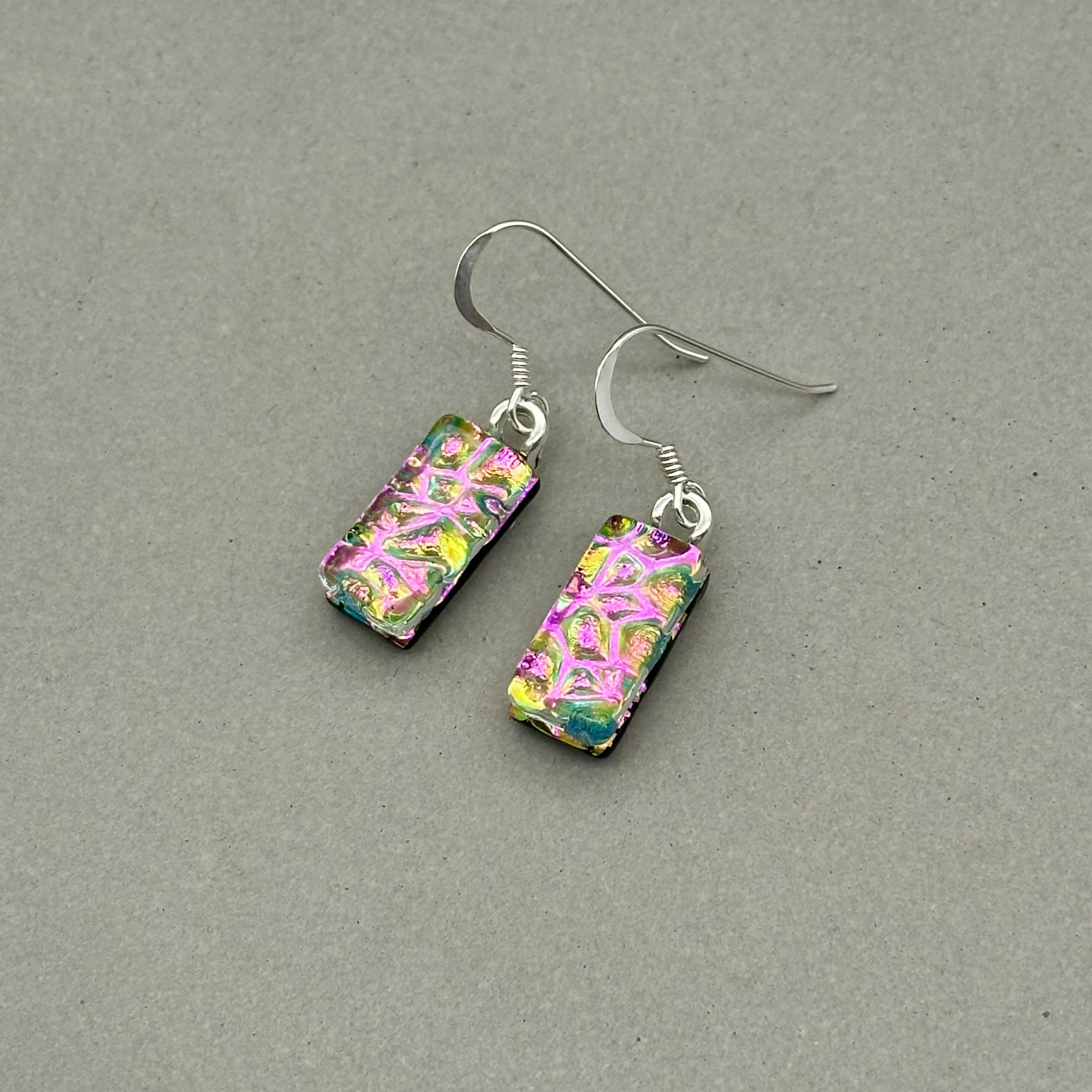 Pink Raindrop Dichroic Fused Glass Dangle Sterling Silver Earrings - Handmade by Jade Tapson Glass. - Image 3