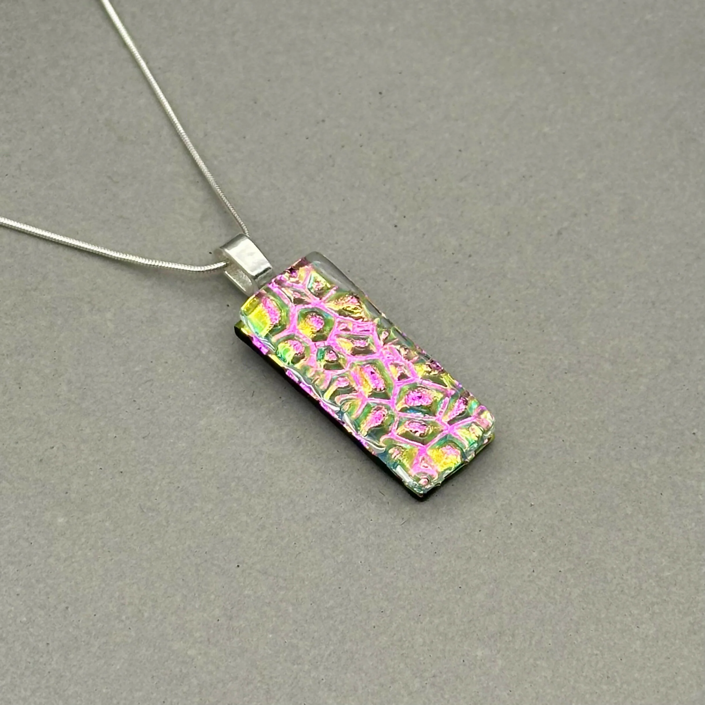 Pink Raindrop Dichroic Fused Glass Pendant with Silver Plated Chain - Handmade by Jade Tapson Glass. - Image 3