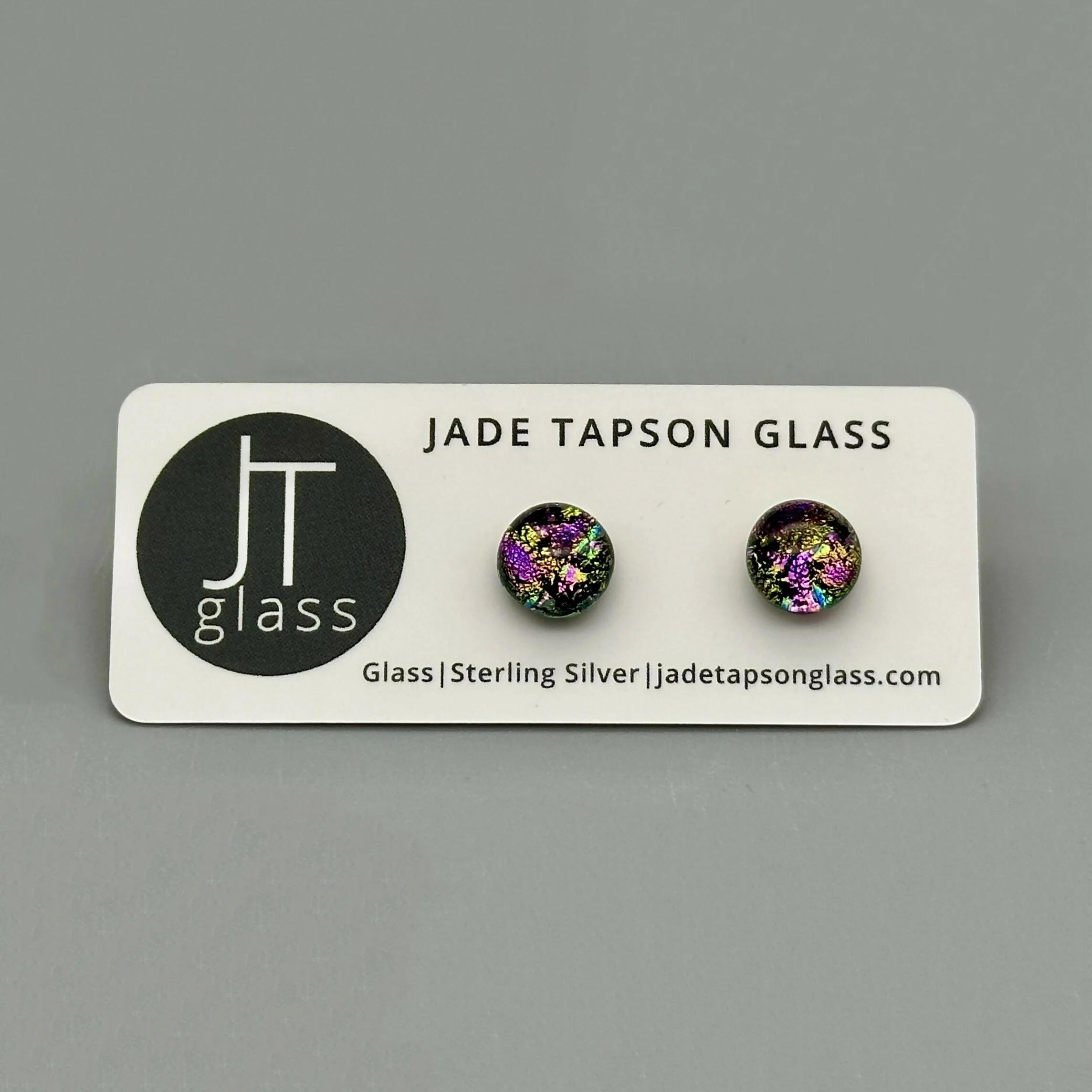 Pink Raindrop Dichroic Fused Glass Sterling Silver Stud Earrings - Handmade by Jade Tapson Glass.
