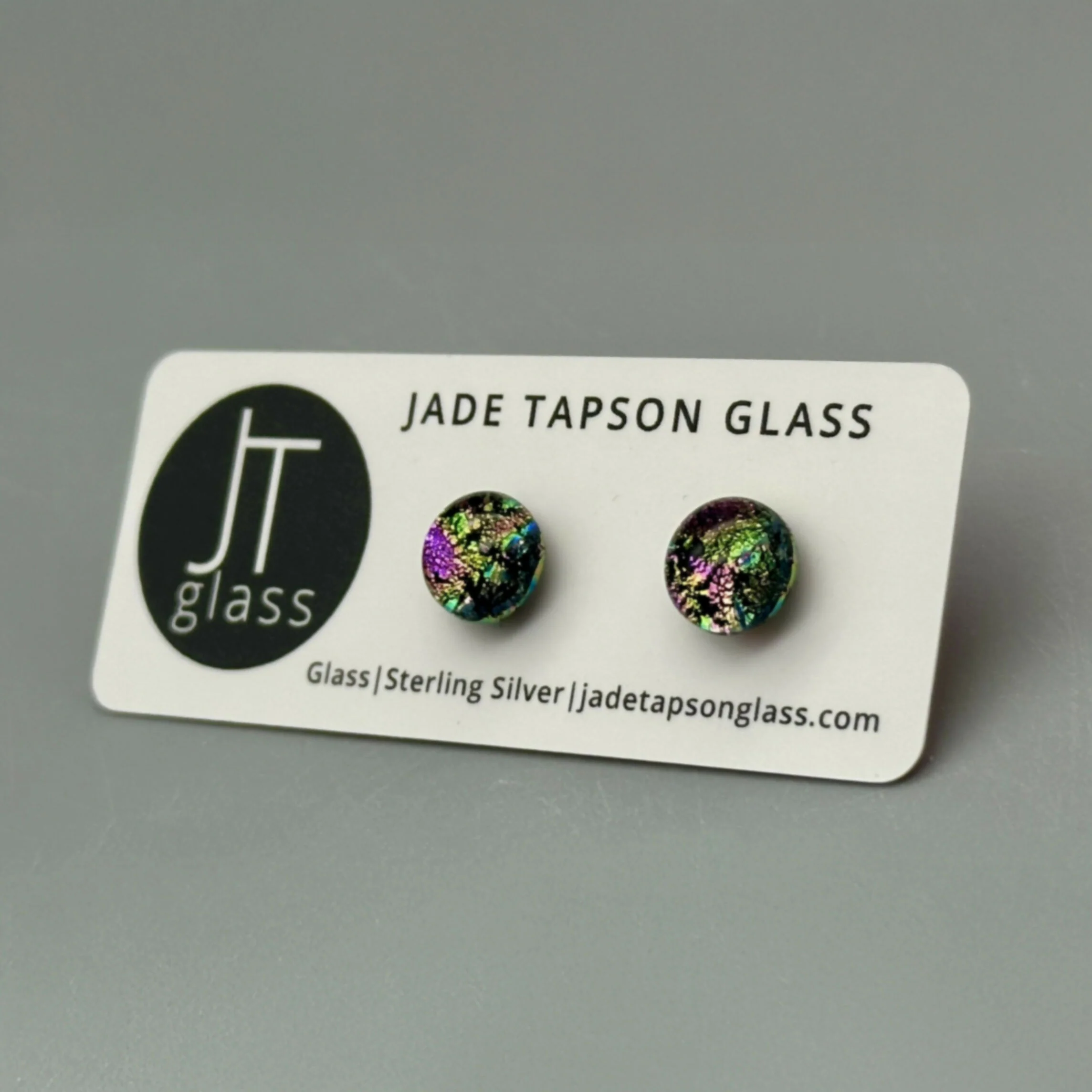 Pink Raindrop Dichroic Fused Glass Sterling Silver Stud Earrings - Handmade by Jade Tapson Glass. - Image 2