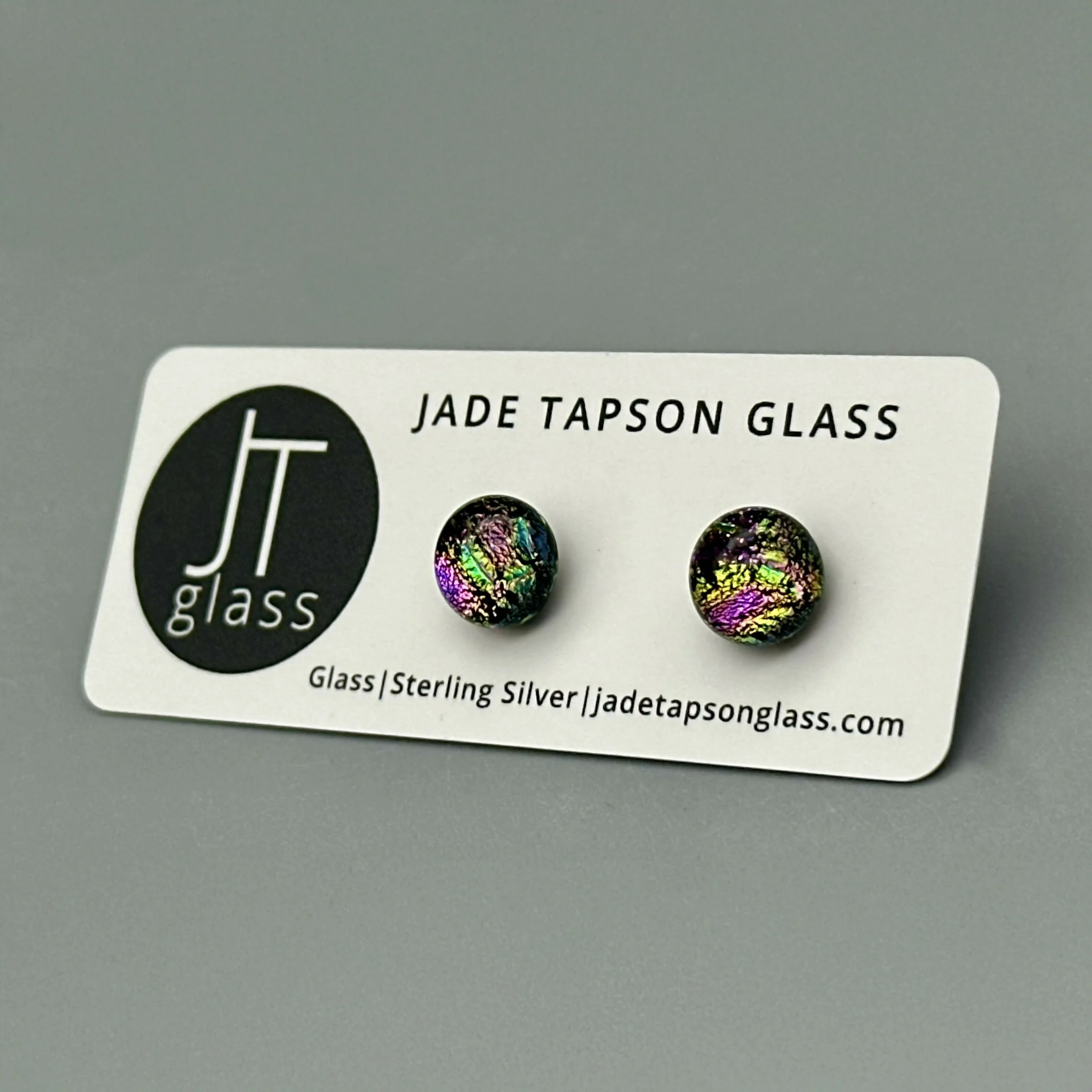 Pink Raindrop Dichroic Fused Glass Sterling Silver Stud Earrings - Handmade by Jade Tapson Glass. - Image 5