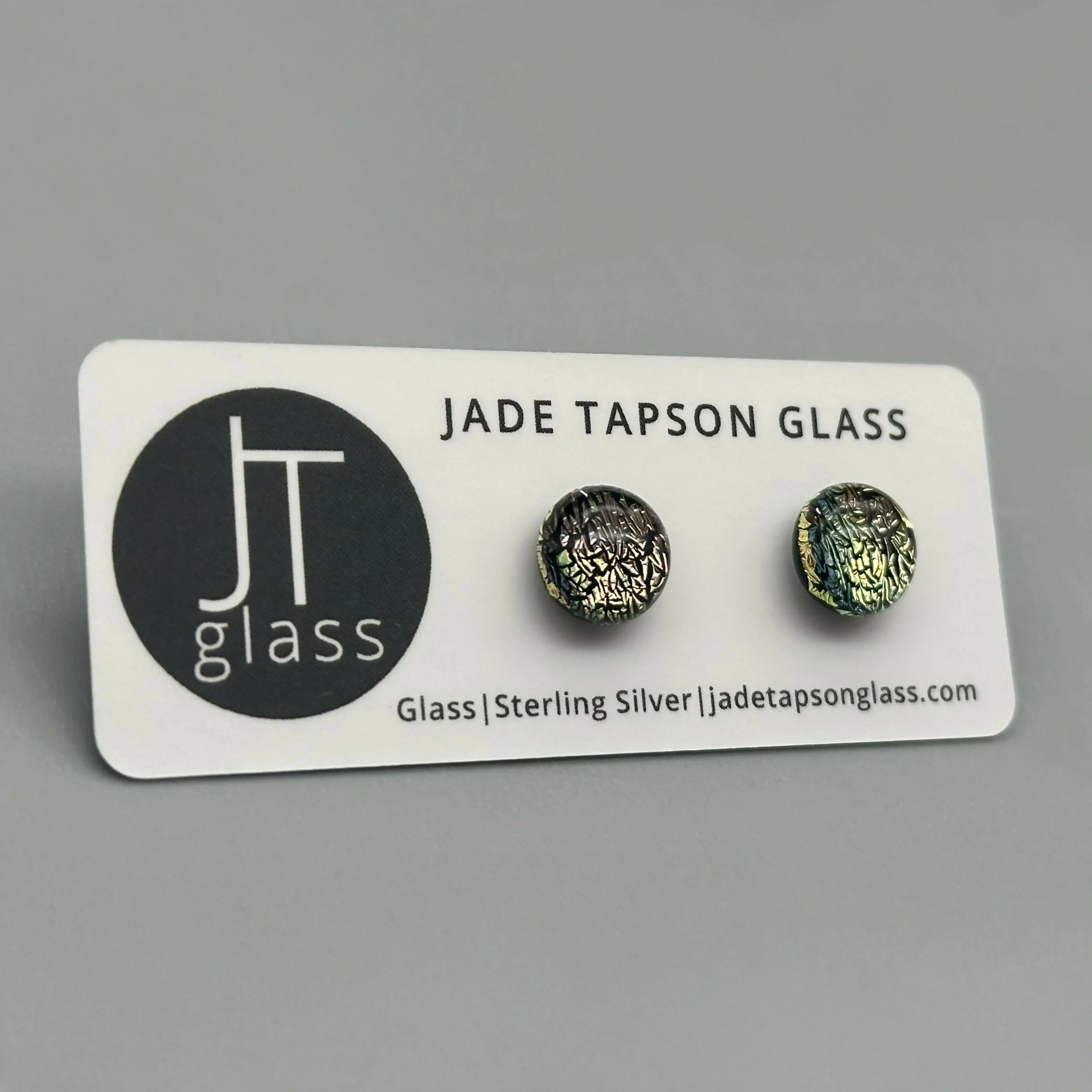 Pink & Yellow Dichroic Fused Glass Sterling Silver Stud Earrings - Handmade by Jade Tapson Glass. - Image 2