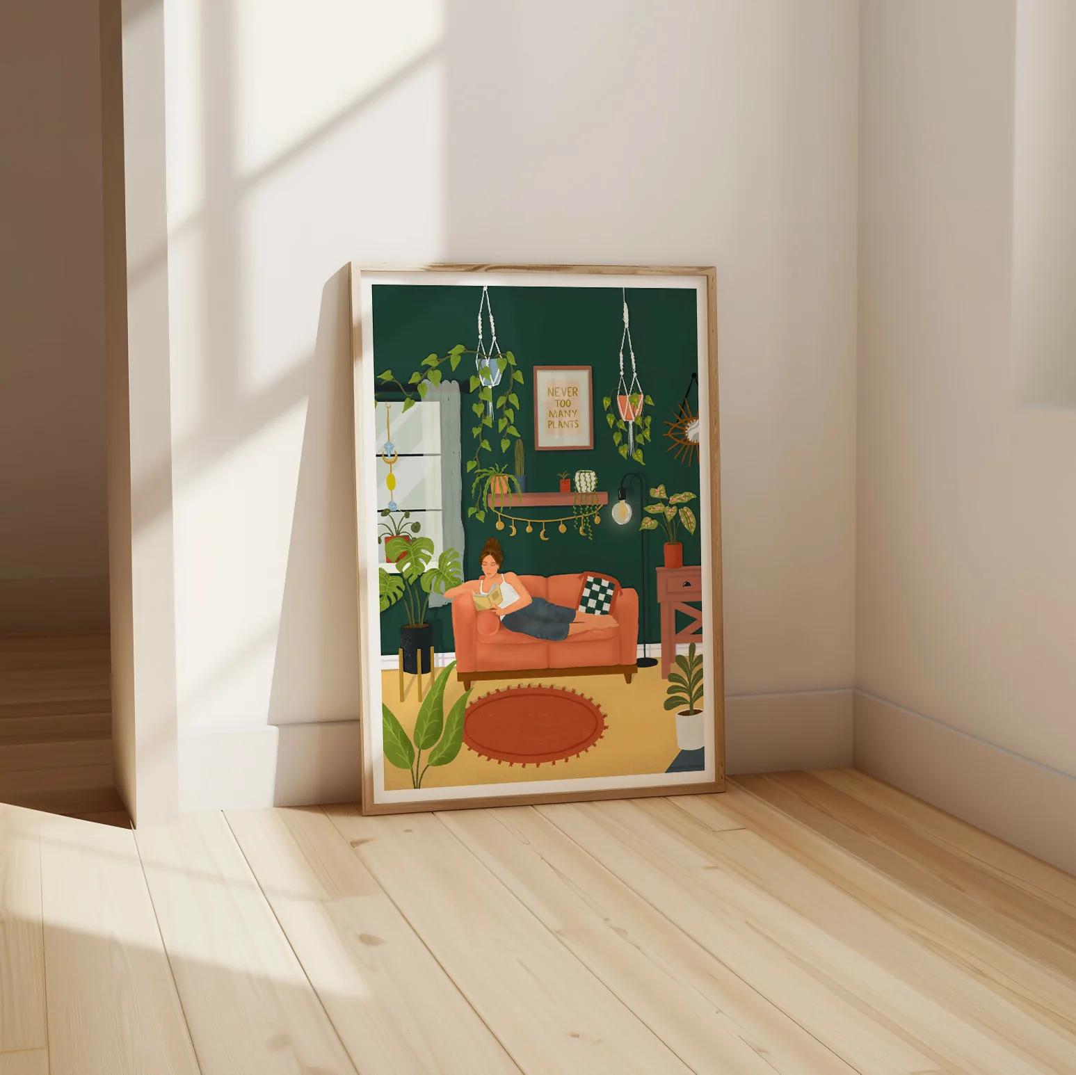 Plant Lover Art Print, Cosy Living Room Illustration (A3) - Image 3