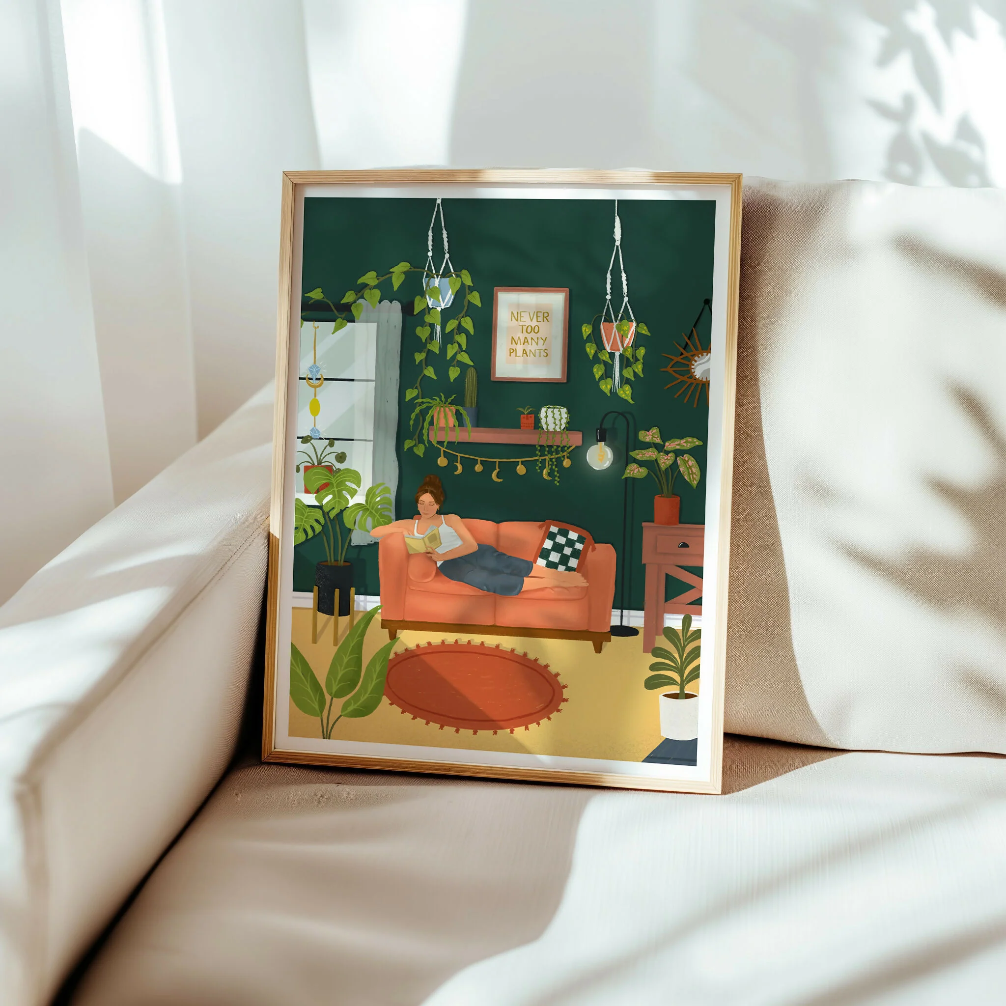 Plant Lover Art Print, Cosy Living Room Illustration (A3) - Image 4