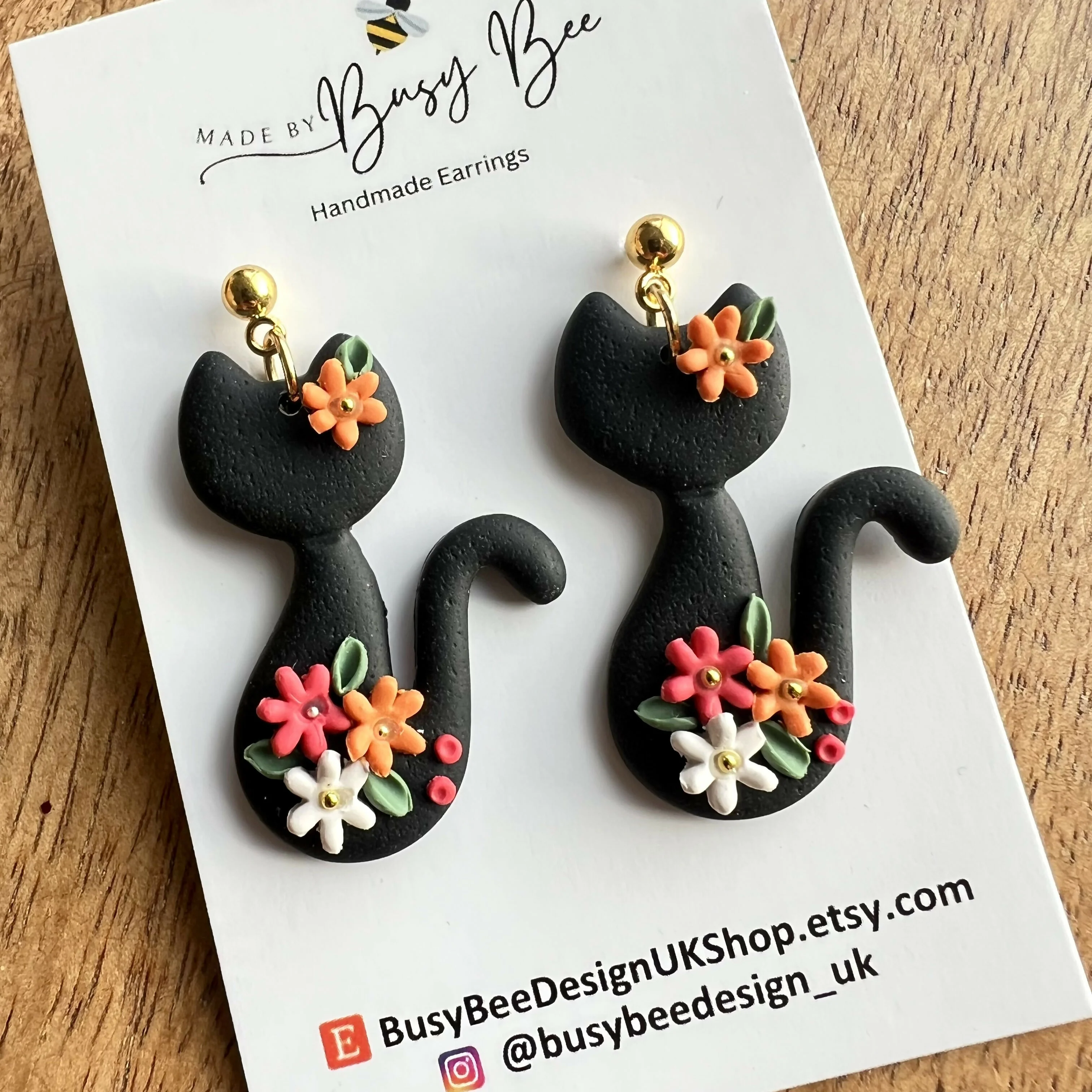 Polymer Clay Floral Cats Earrings / Handmade Cute Animal Dangles - Image 3