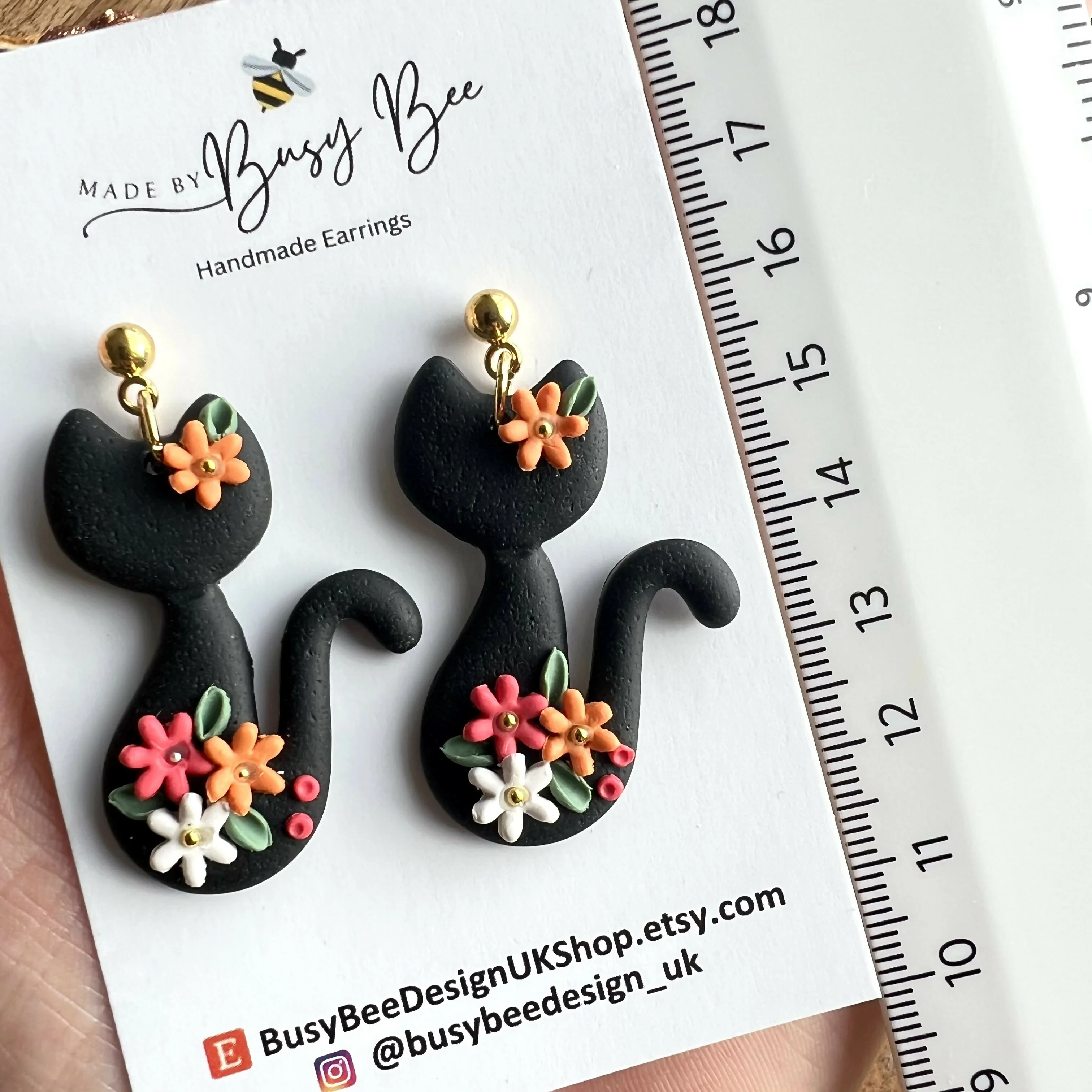 Polymer Clay Floral Cats Earrings / Handmade Cute Animal Dangles - Image 4