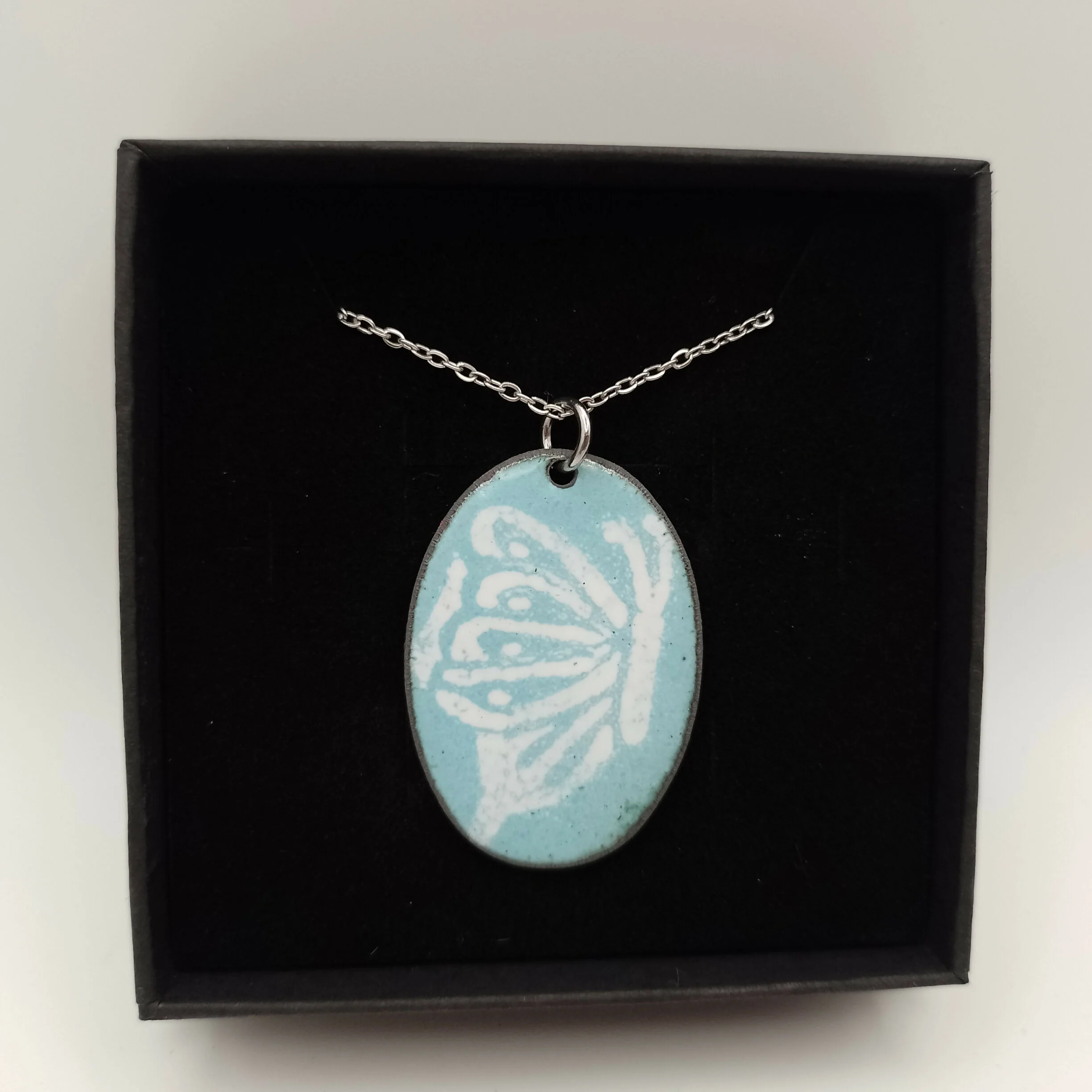 Powder Blue Enamel Pendant with White Butterfly
