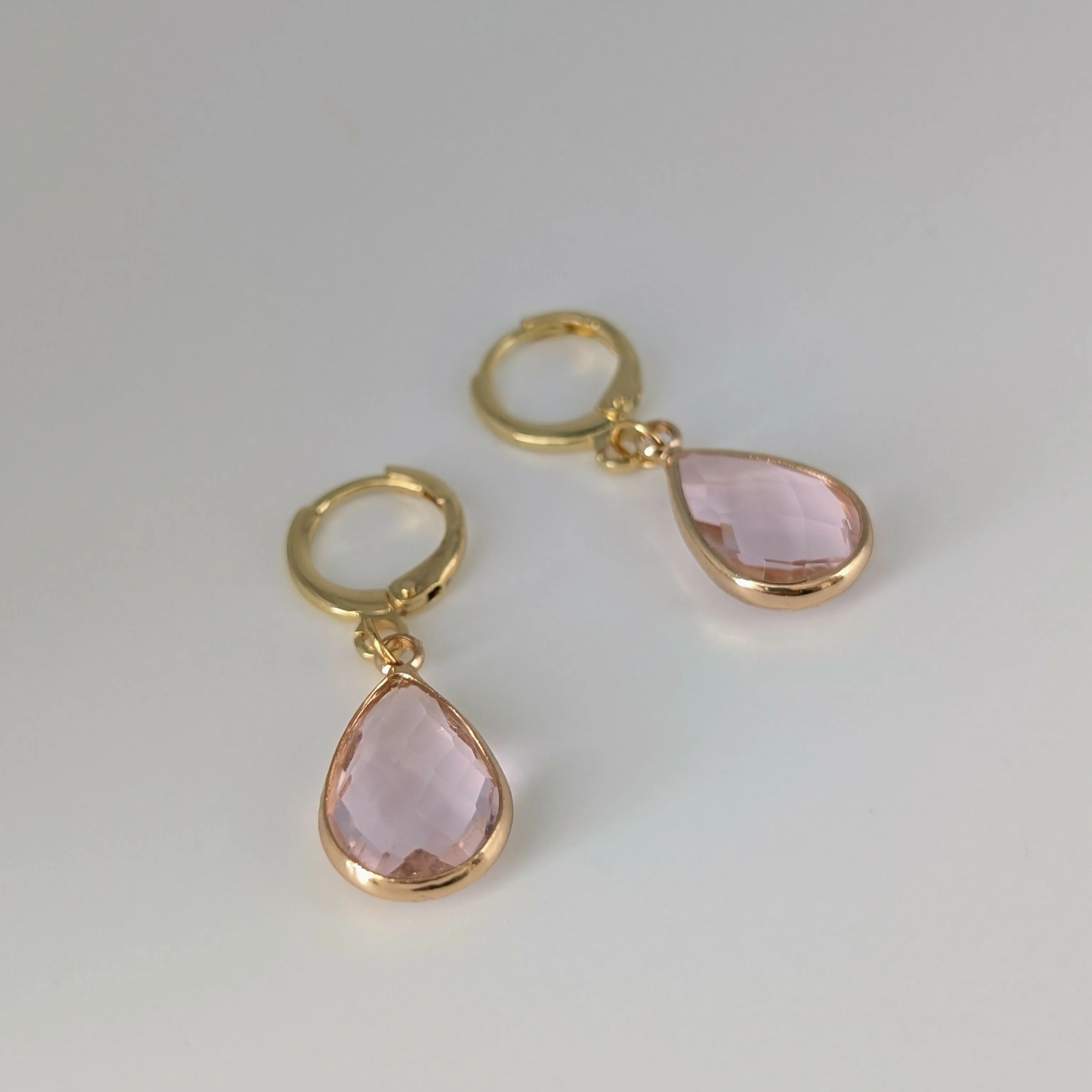 Powder Pink Faceted Crystal Teardop Gold Plated Huggie Earrings - Image 2