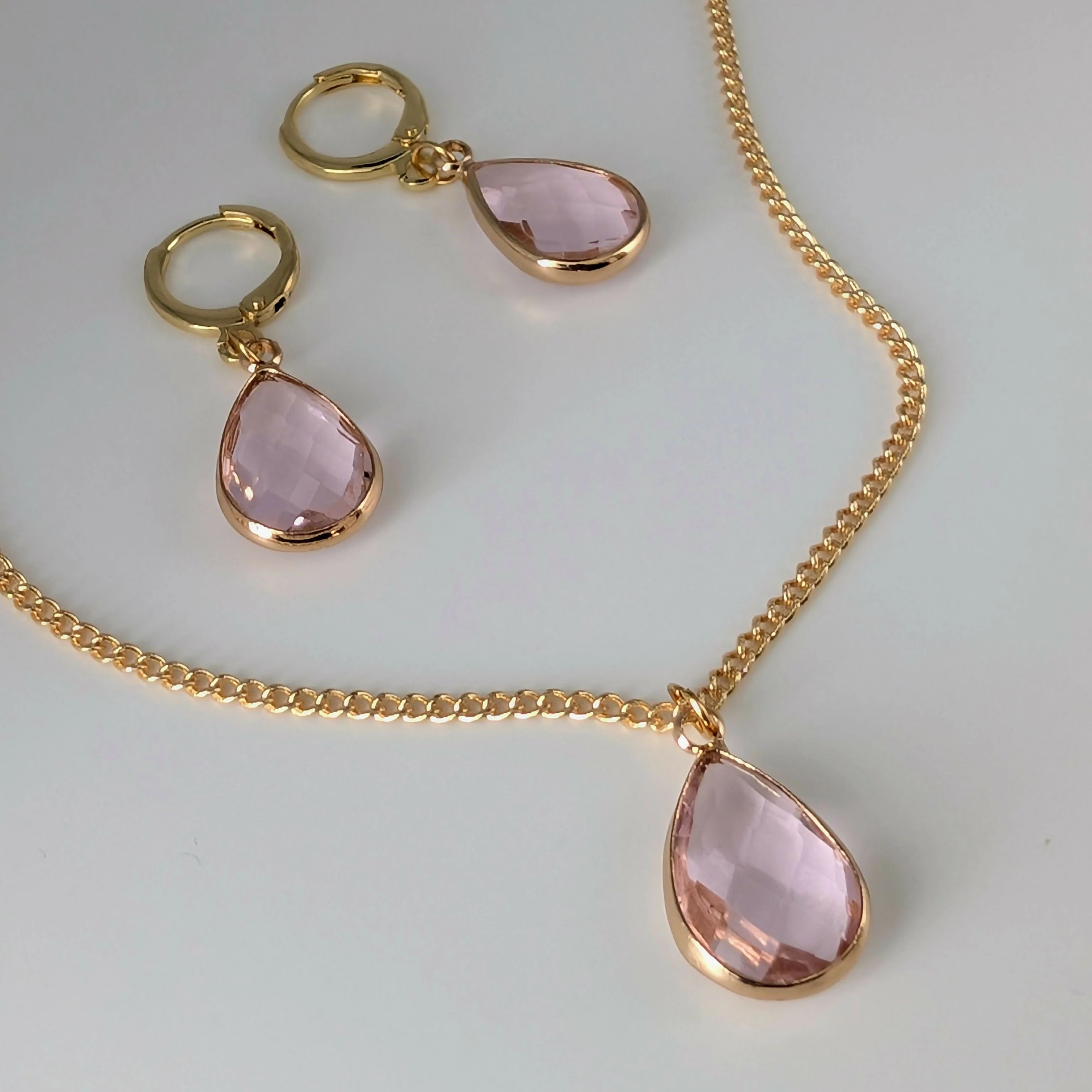 Powder Pink Faceted Crystal Teardop Gold Plated Huggie Earrings - Image 3