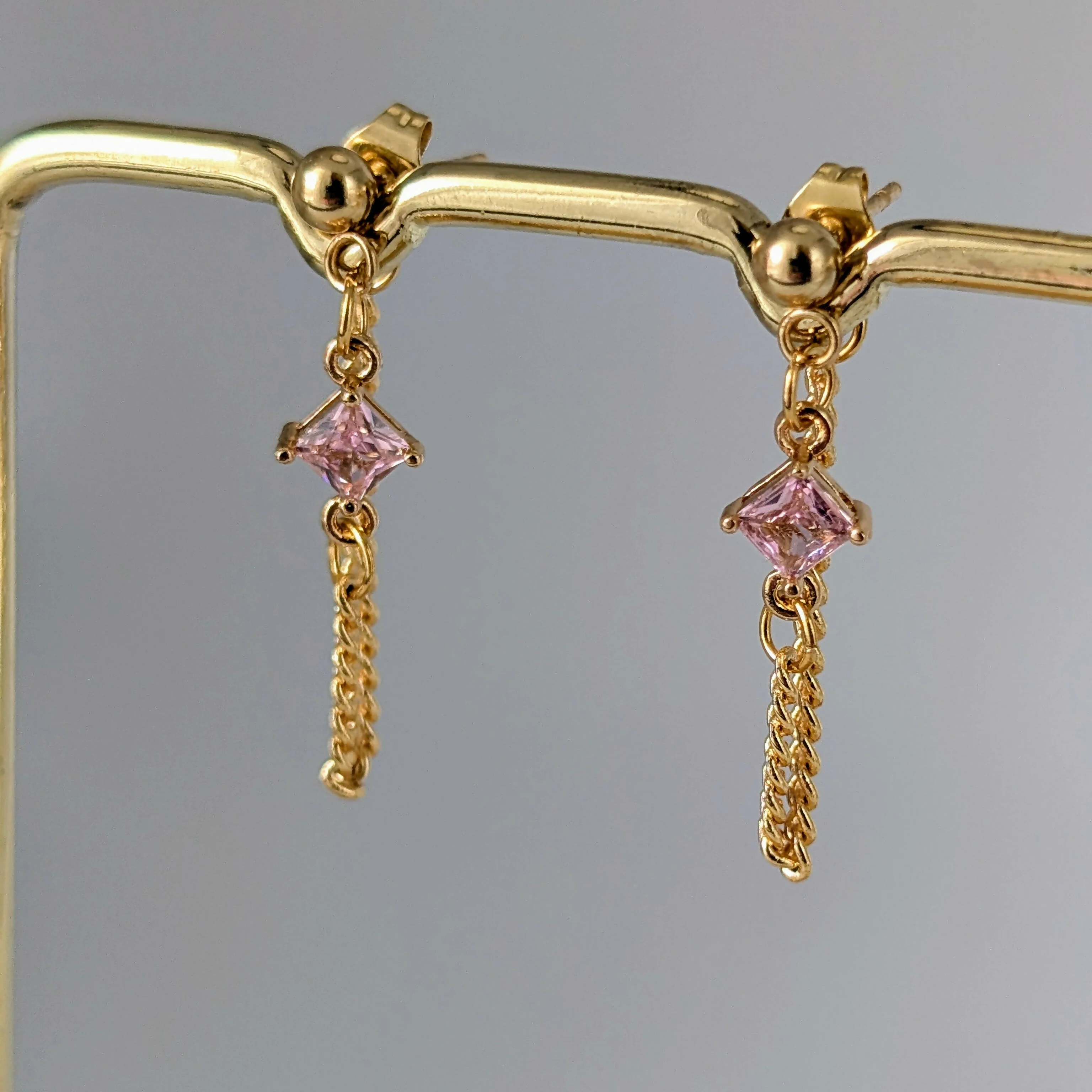 Powder Pink Zirconia Chain Earrrings on Gold Plated Ball Stud - Image 2
