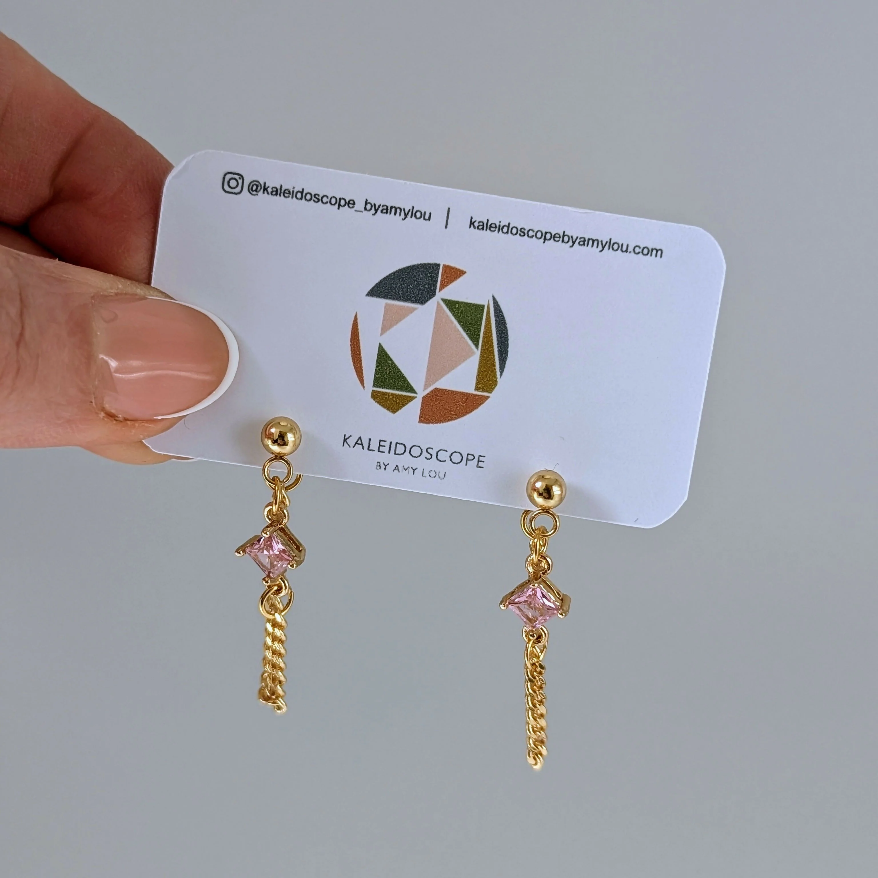 Powder Pink Zirconia Chain Earrrings on Gold Plated Ball Stud - Image 3