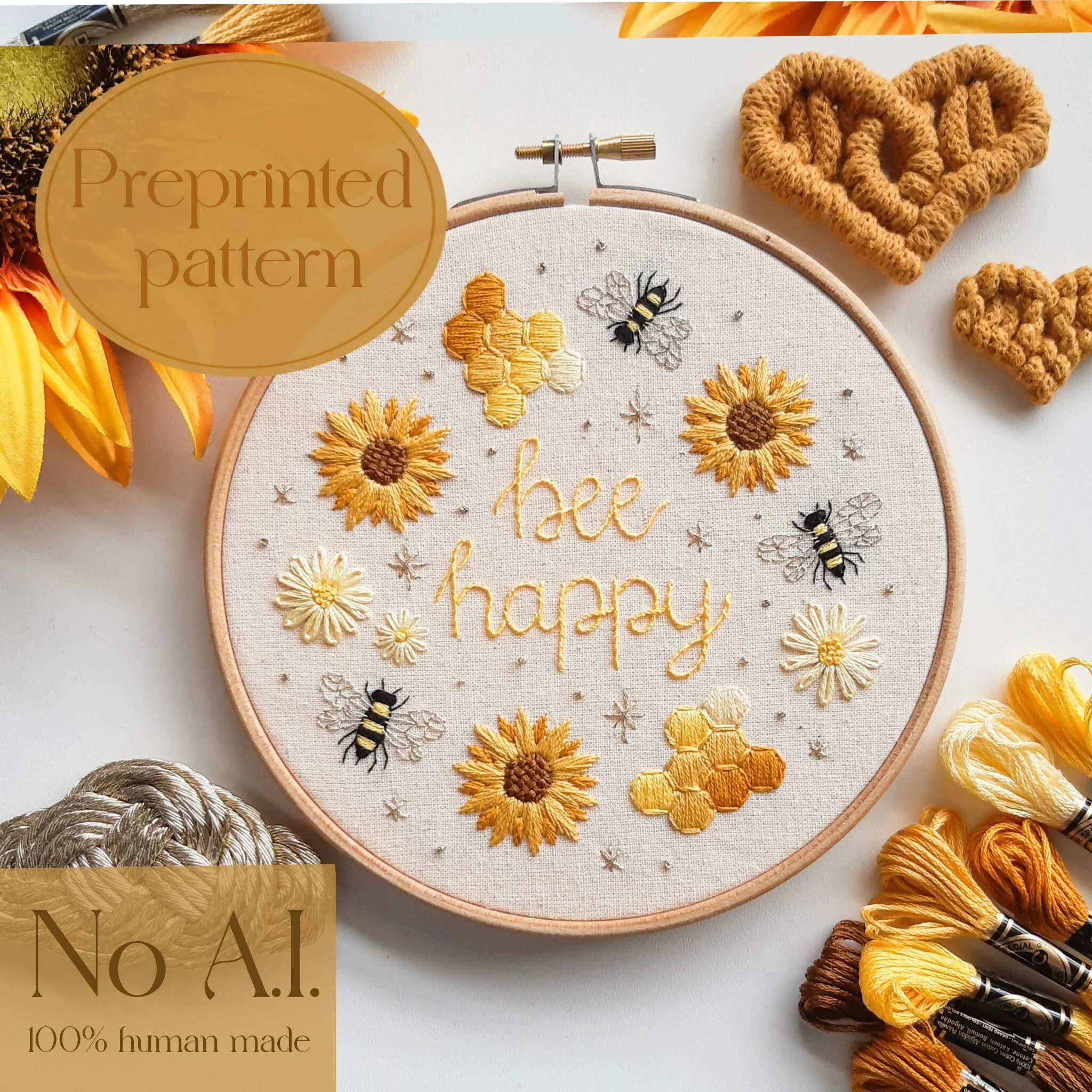 Preprinted embroidery pattern for beginners - Bee happy