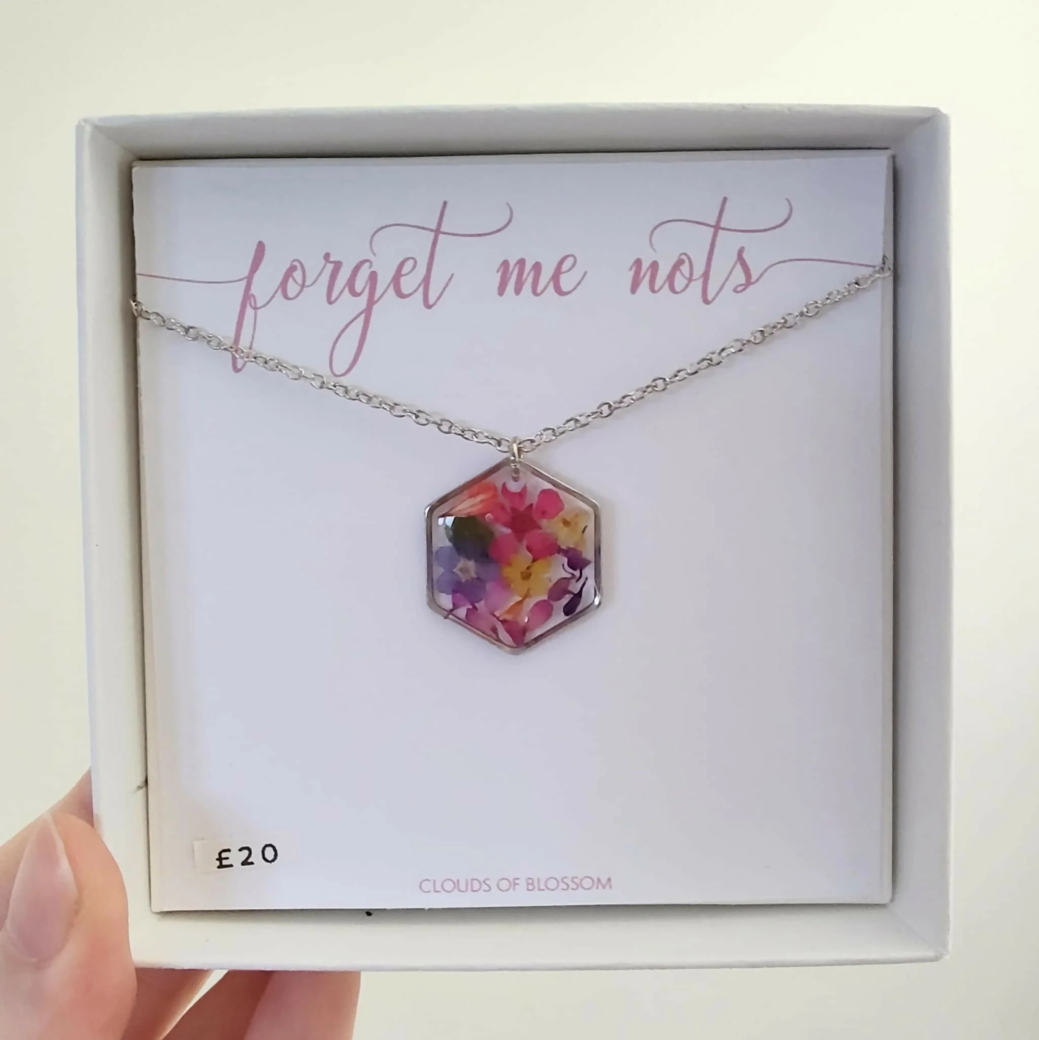 Pressed Flower Colourful Hexagon Necklace Silver Plated