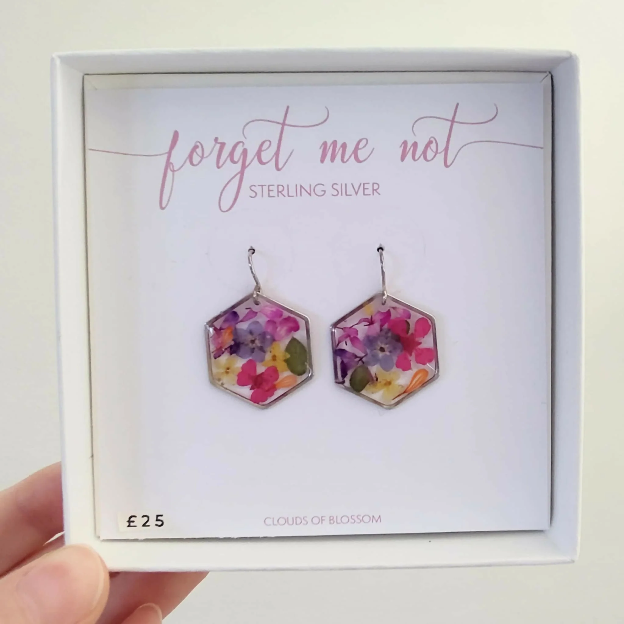 Pressed Flower Hexagon Earrings Sterling Silver