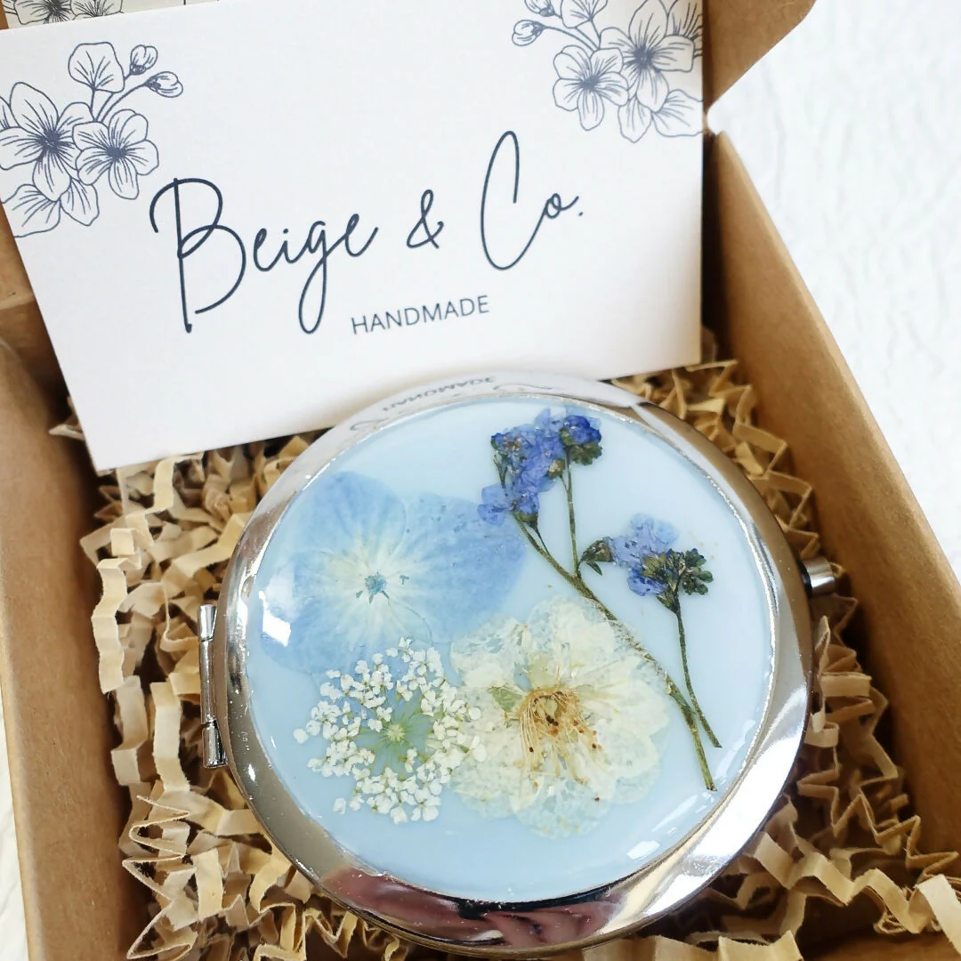 Pressed Real Flower Pocket Mirror - Blue