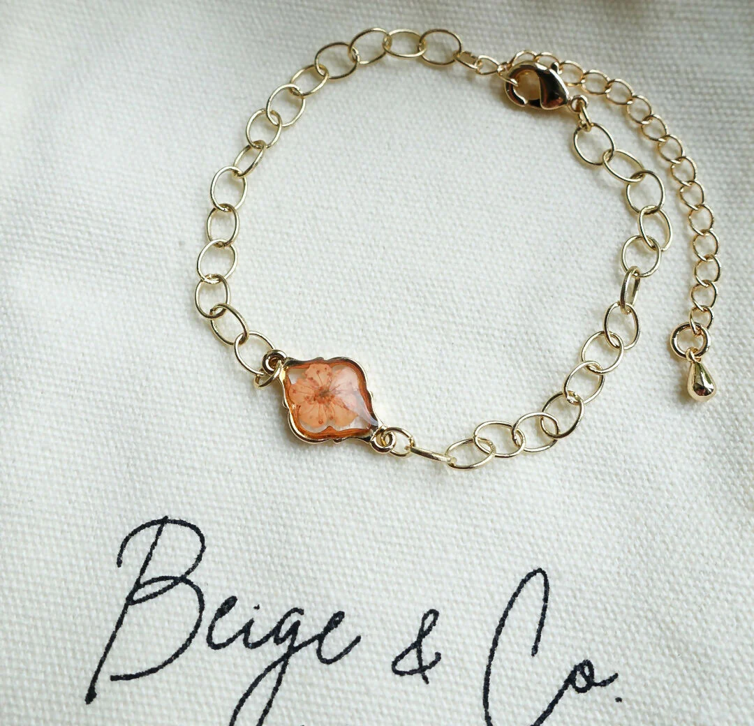 Real Pressed Flower Gold Bracelet - Orange