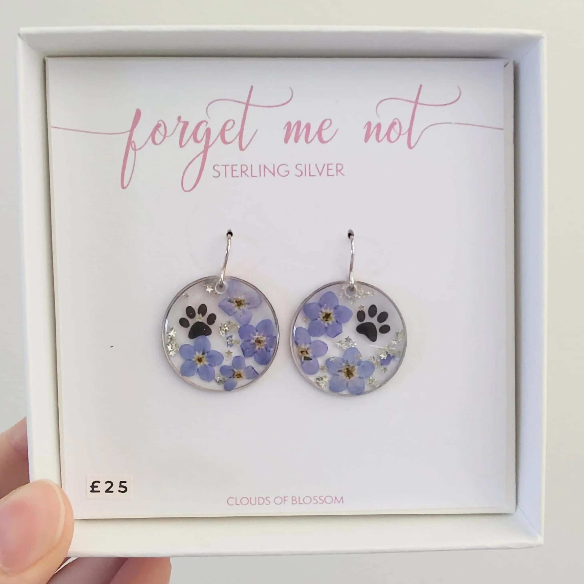Pressed Forget Me Not Paw Print Circle Earrings Sterling Silver