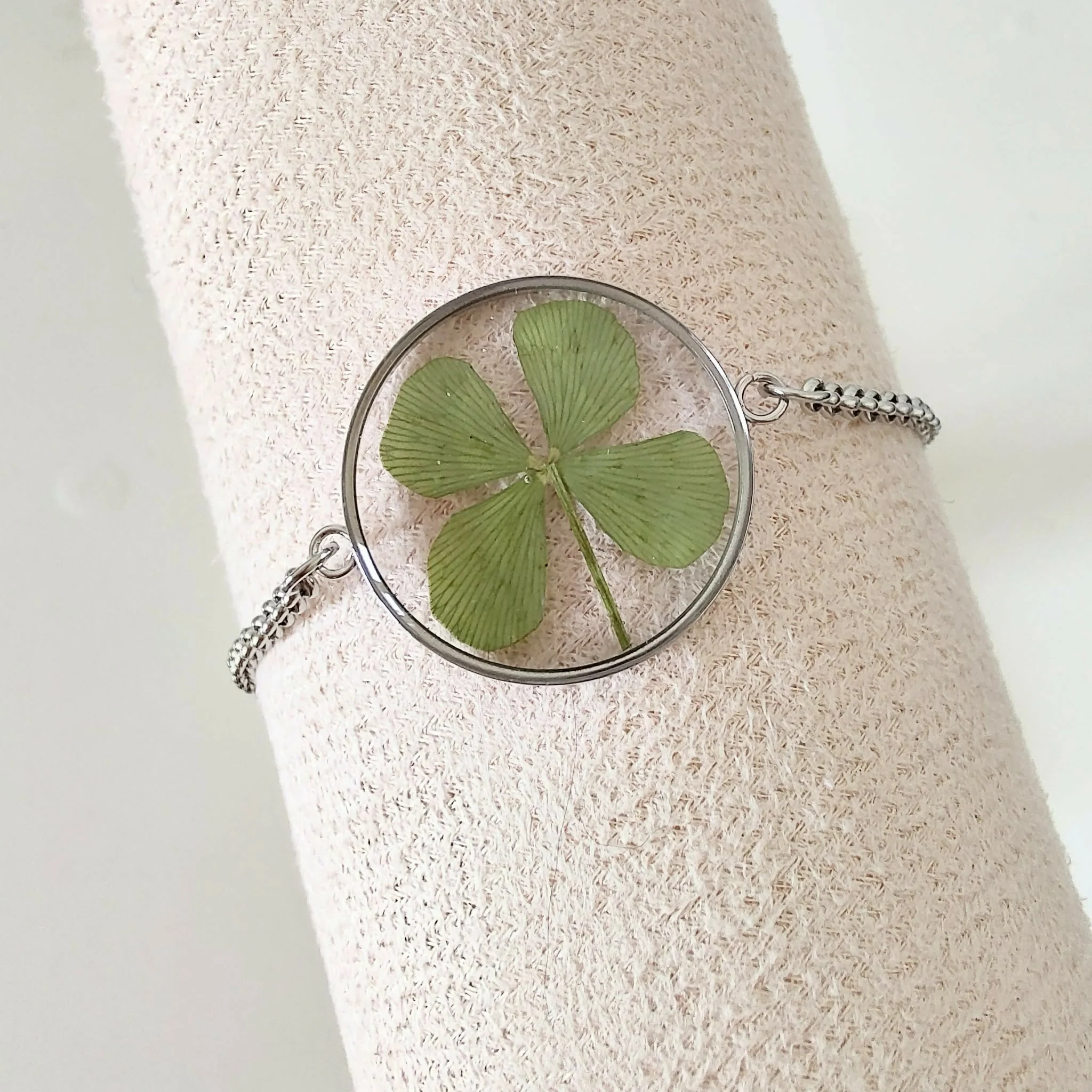 Pressed Four Leaf Clover Bracelet Stainless Steel