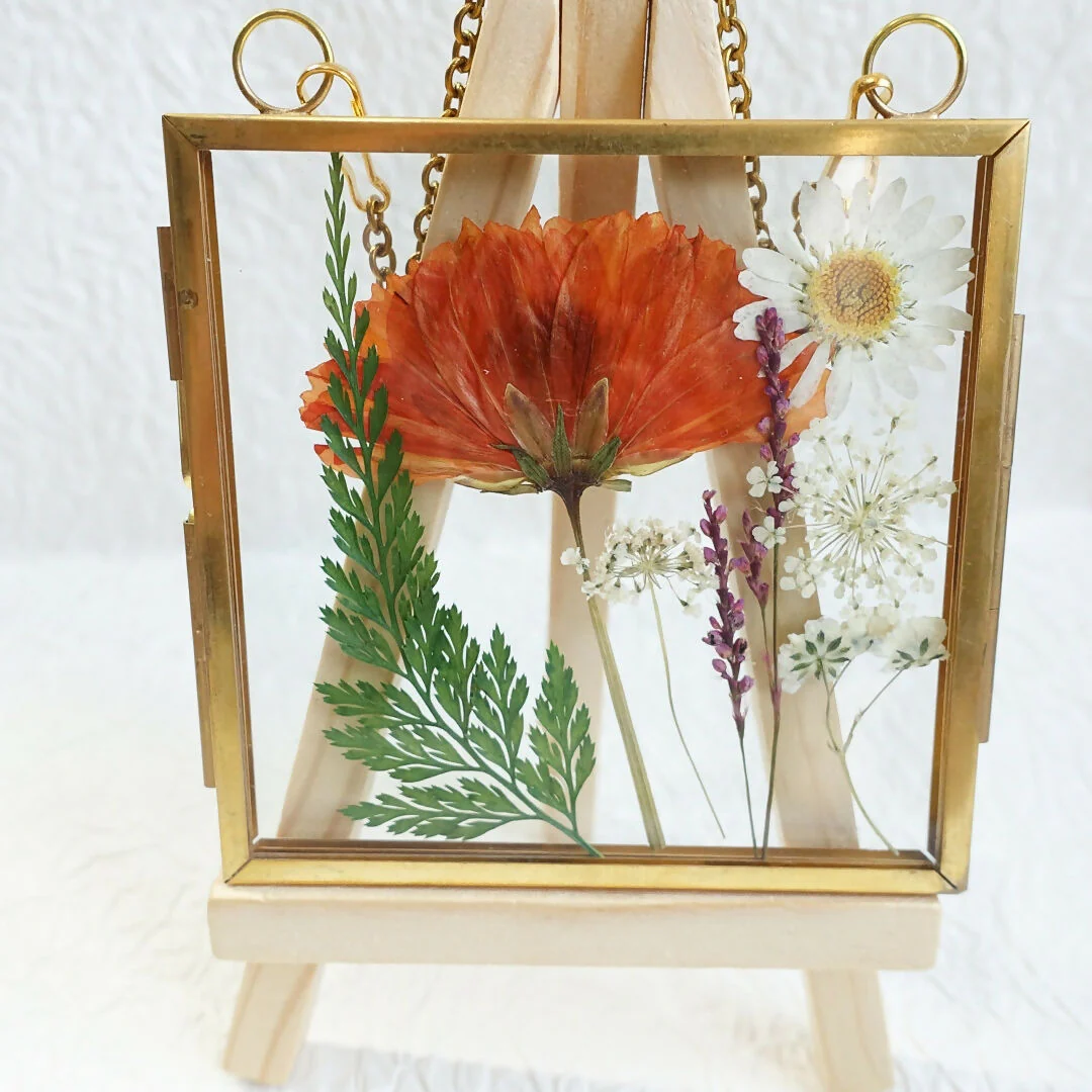 Real Flower Pressed Orange Floral Arrangement in a Gold Frame