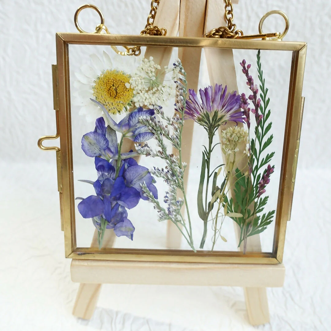 Real Flower Pressed Purple Floral Arrangement in a Gold Frame