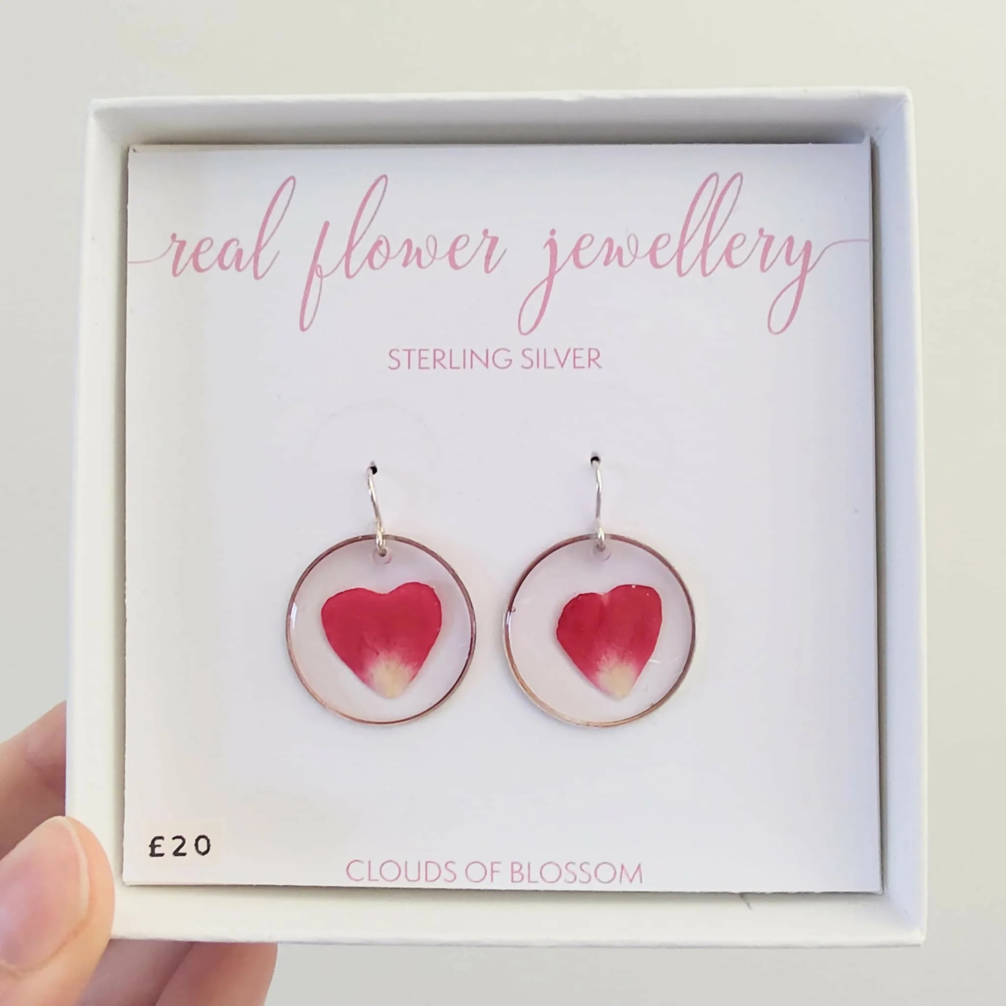 Pressed Rose Heart Circle Earrings Sterling Silver