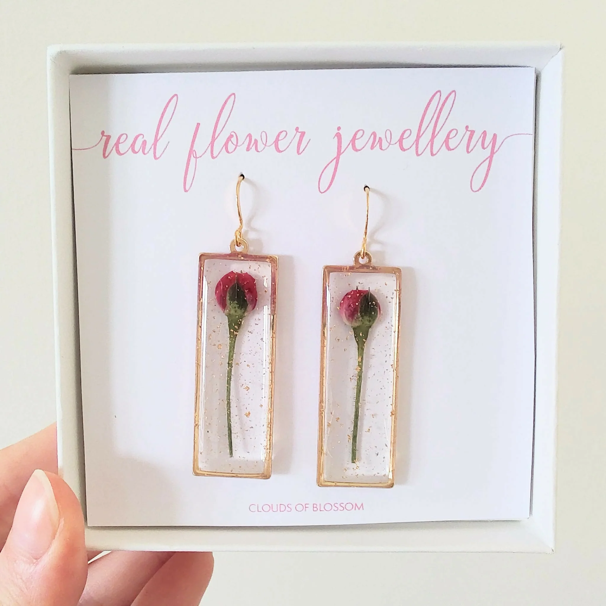 Pressed Rose Rectangle Earrings Gold Plated