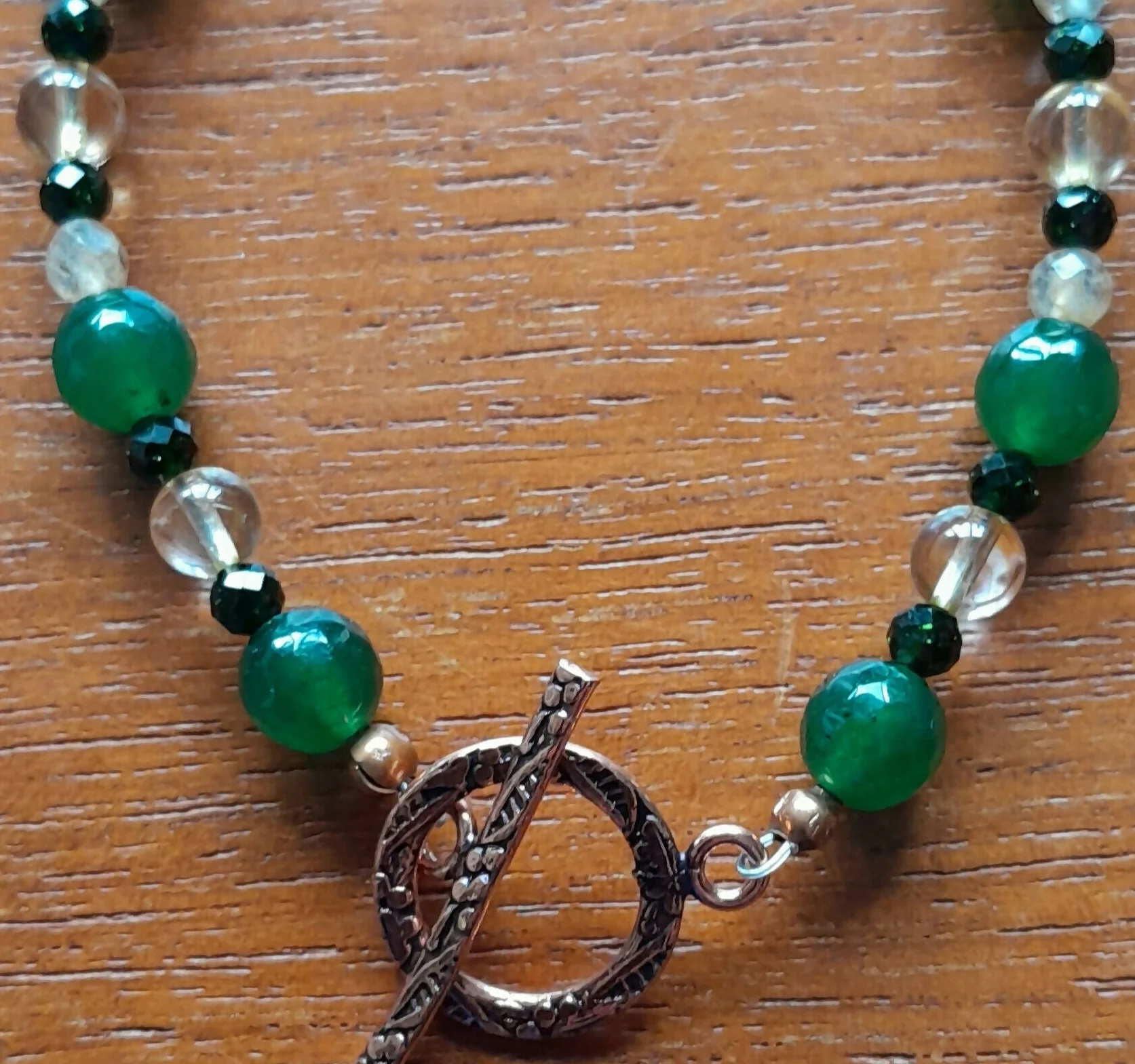 Pure Copper Toggle Catch Bracelet with Green Chalcedony, Faceted Onyx, Citrine and Faceted Citrine.