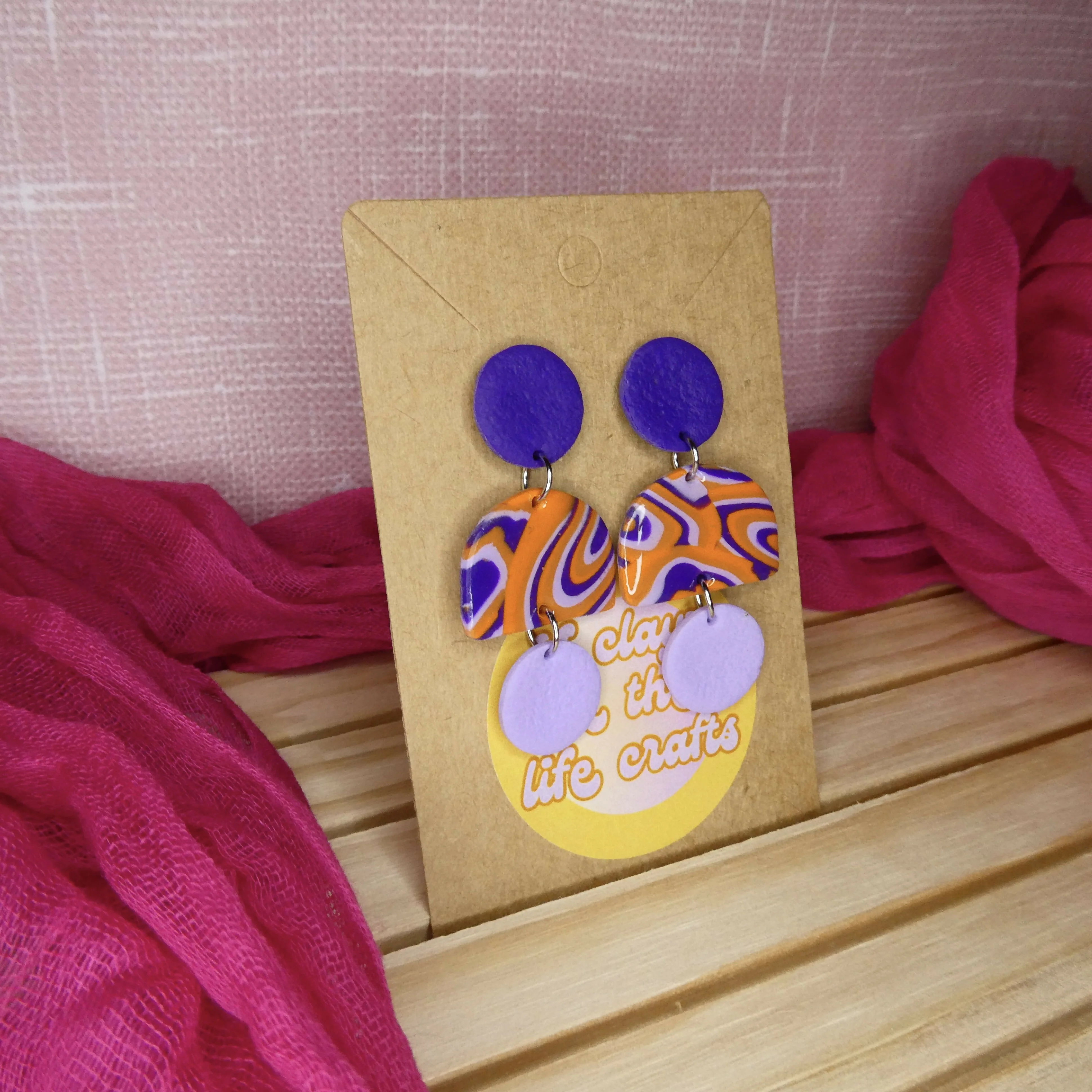 Purple And Orange Swirly Dangle Polymer Clay Earrings