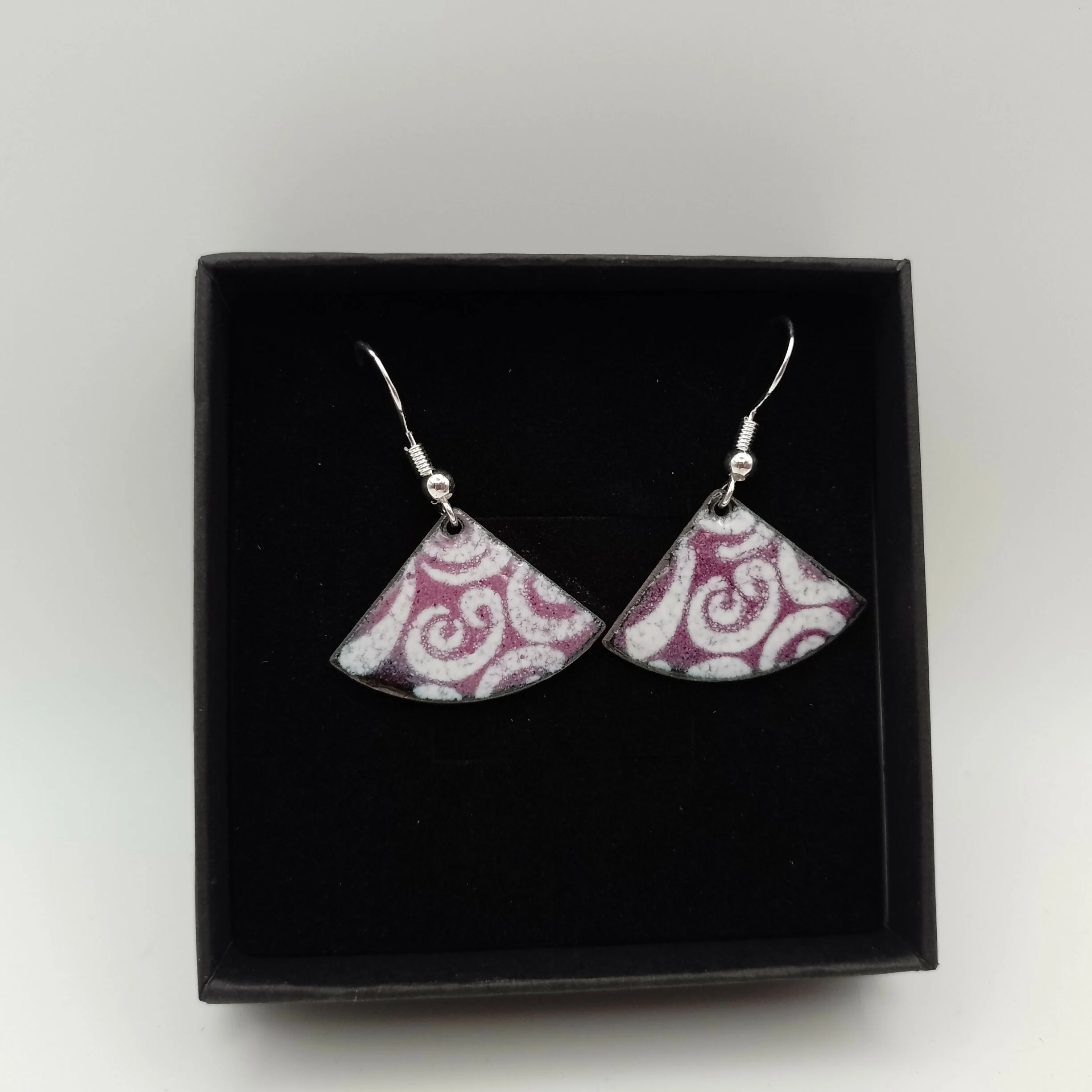 Purple Fan Enamel Earrings with White Swirls
