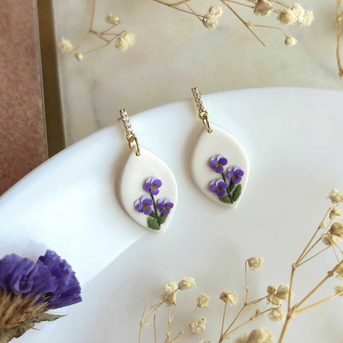 Purple Violet Flower - Polymer ClayEarrings