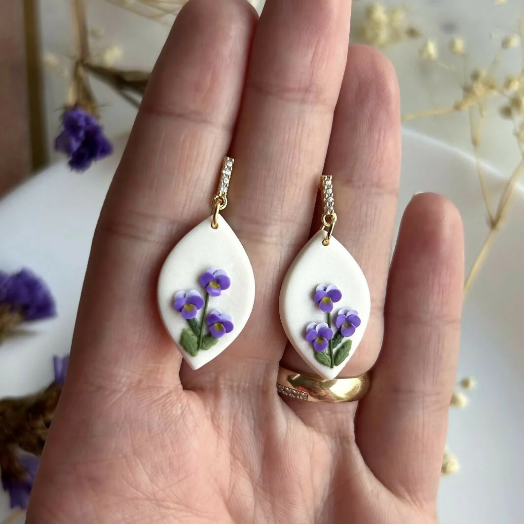 Purple Violet Flower - Polymer ClayEarrings - Image 3