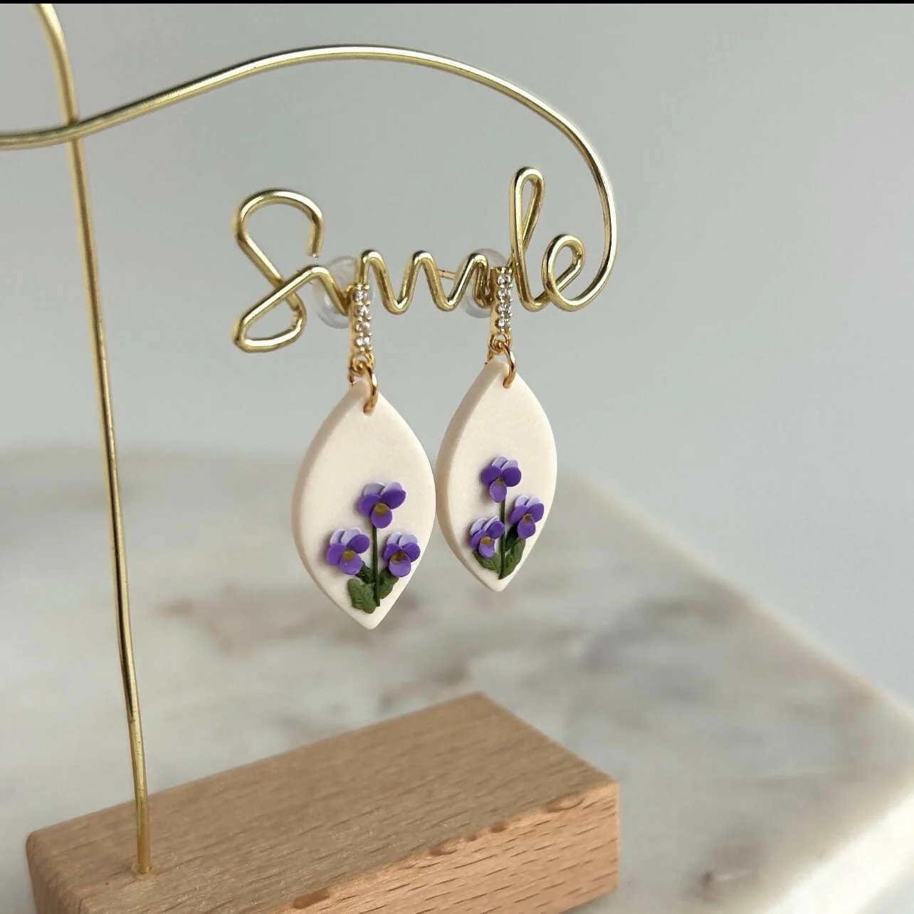 Purple Violet Flower - Polymer ClayEarrings - Image 4