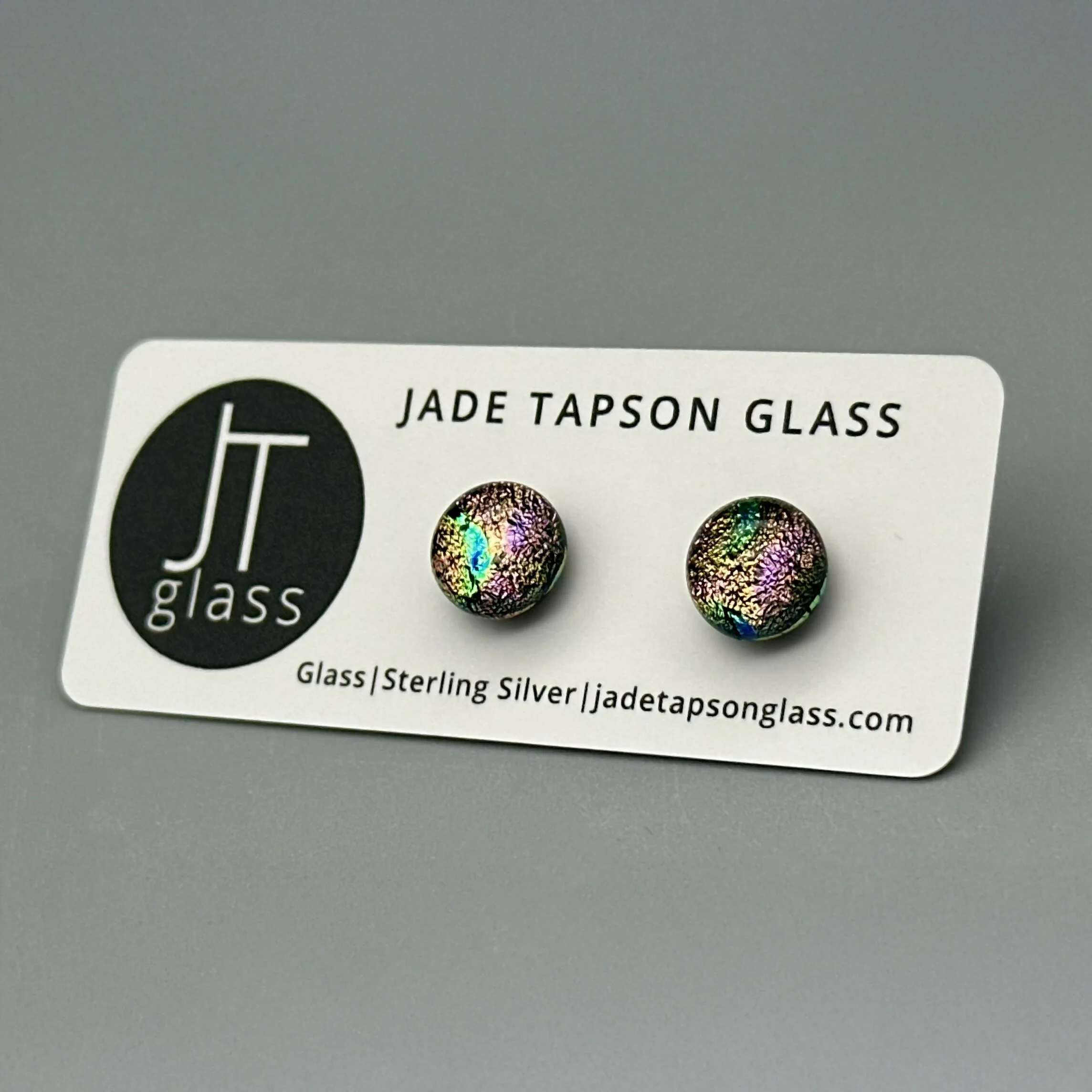 Rainbow Dichroic Fused Glass Sterling Silver Stud Earrings - Handmade by Jade Tapson Glass. - Image 2