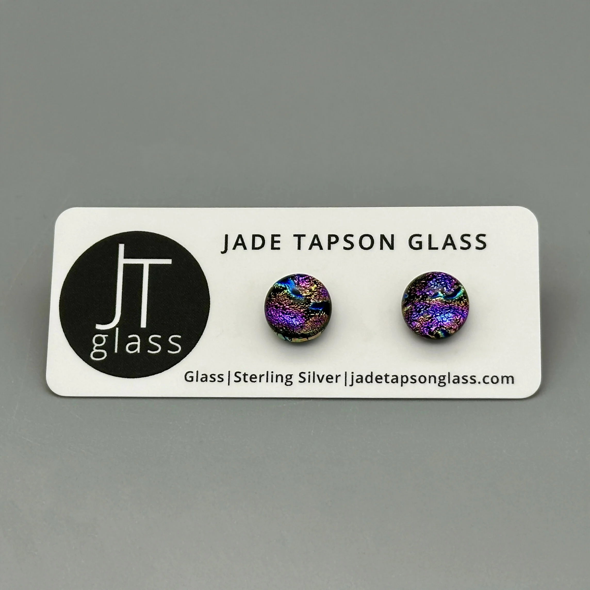 Rainbow Dichroic Fused Glass Sterling Silver Stud Earrings - Handmade by Jade Tapson Glass.