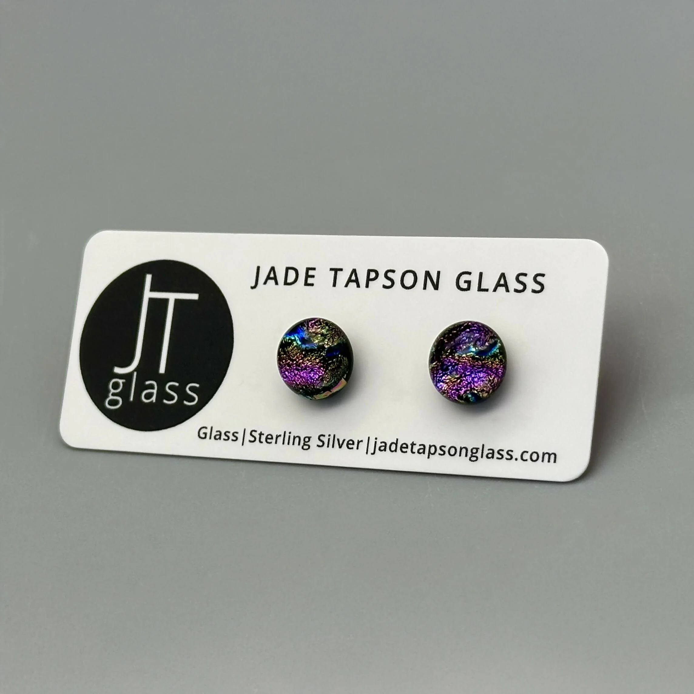 Rainbow Dichroic Fused Glass Sterling Silver Stud Earrings - Handmade by Jade Tapson Glass. - Image 2
