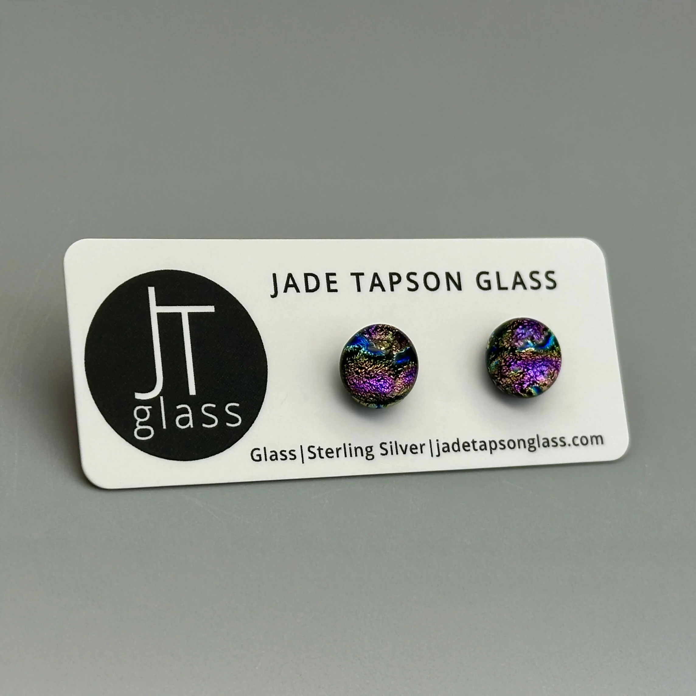 Rainbow Dichroic Fused Glass Sterling Silver Stud Earrings - Handmade by Jade Tapson Glass. - Image 3