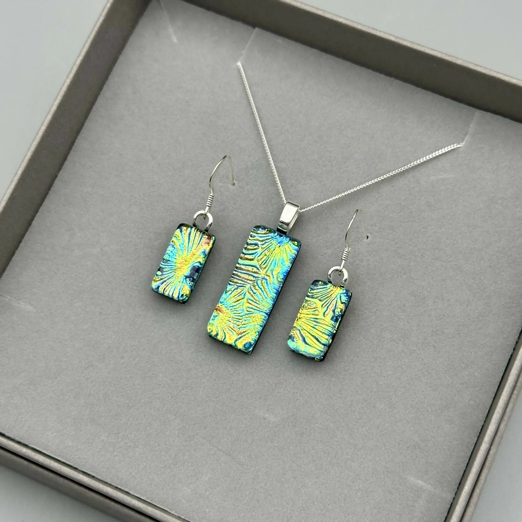 Rainbow Flower Dichroic Glass Necklace and Earrings Set - Sterling Silver, Handmade by Jade Tapson Glass. - Image 2