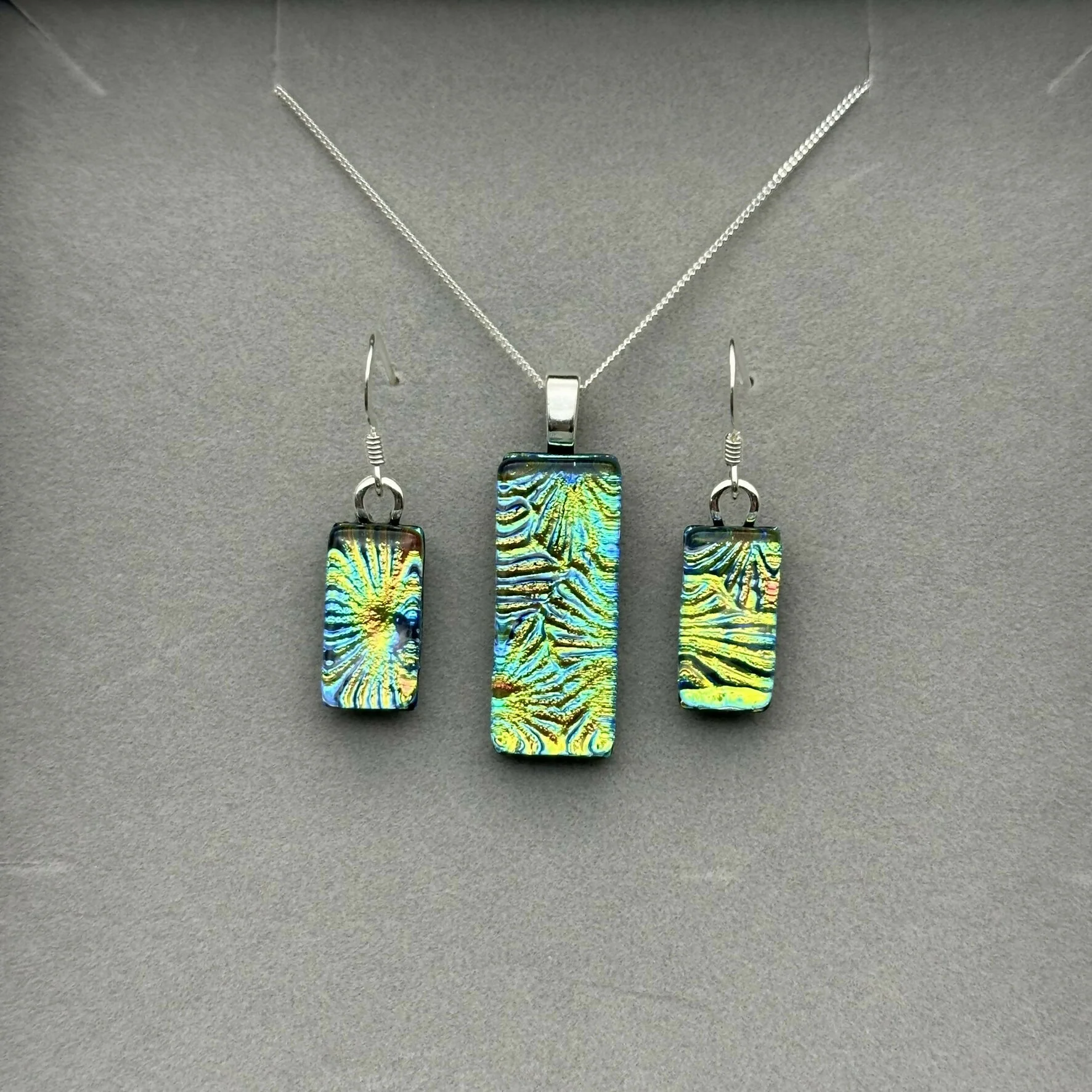 Rainbow Flower Dichroic Glass Necklace and Earrings Set - Sterling Silver, Handmade by Jade Tapson Glass. - Image 3