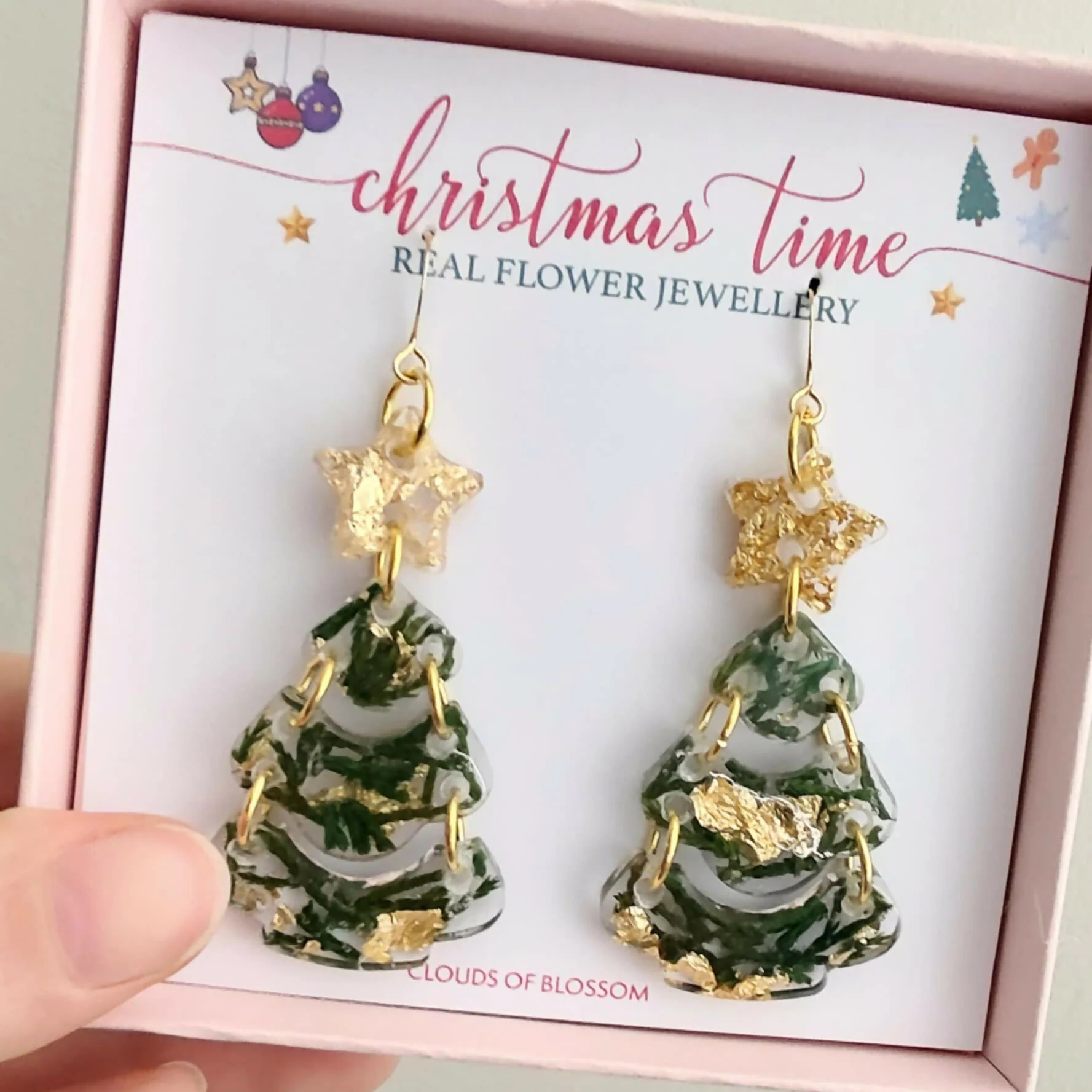 Real Christmas Tree Leaf Dangle Earrings Gold Plated