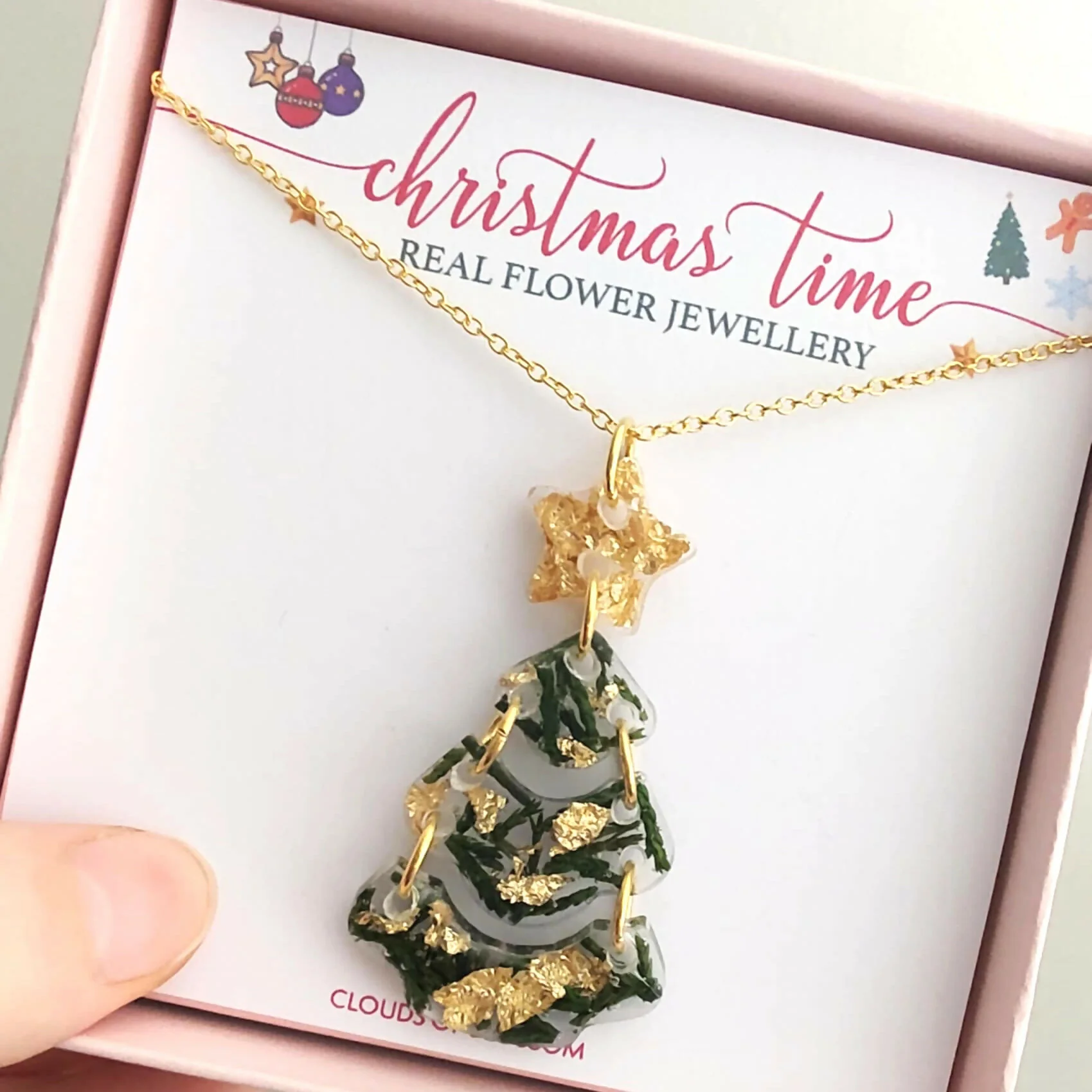Real Christmas Tree Leaf Dangle Necklace Gold Plated