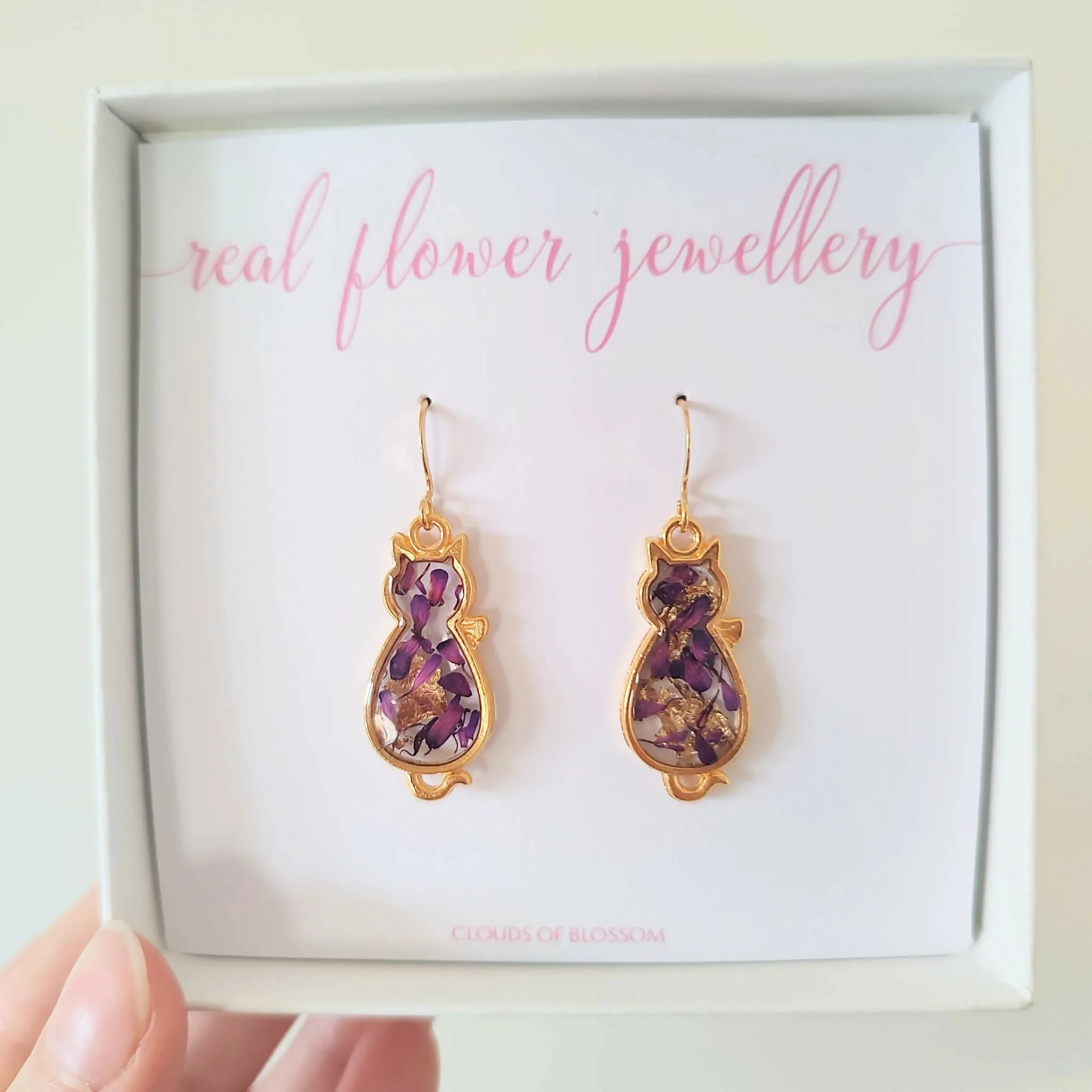 Real Flower Cat Purple Petal Earrings Gold Plated