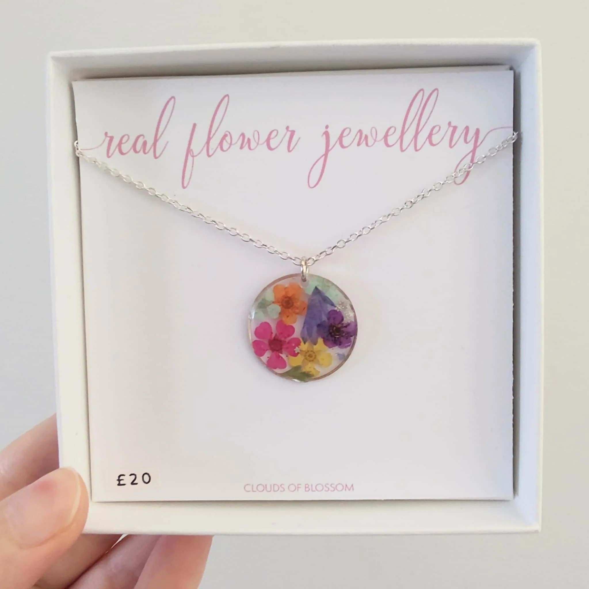 Real Flower Colourful Circle Necklace Silver Plated
