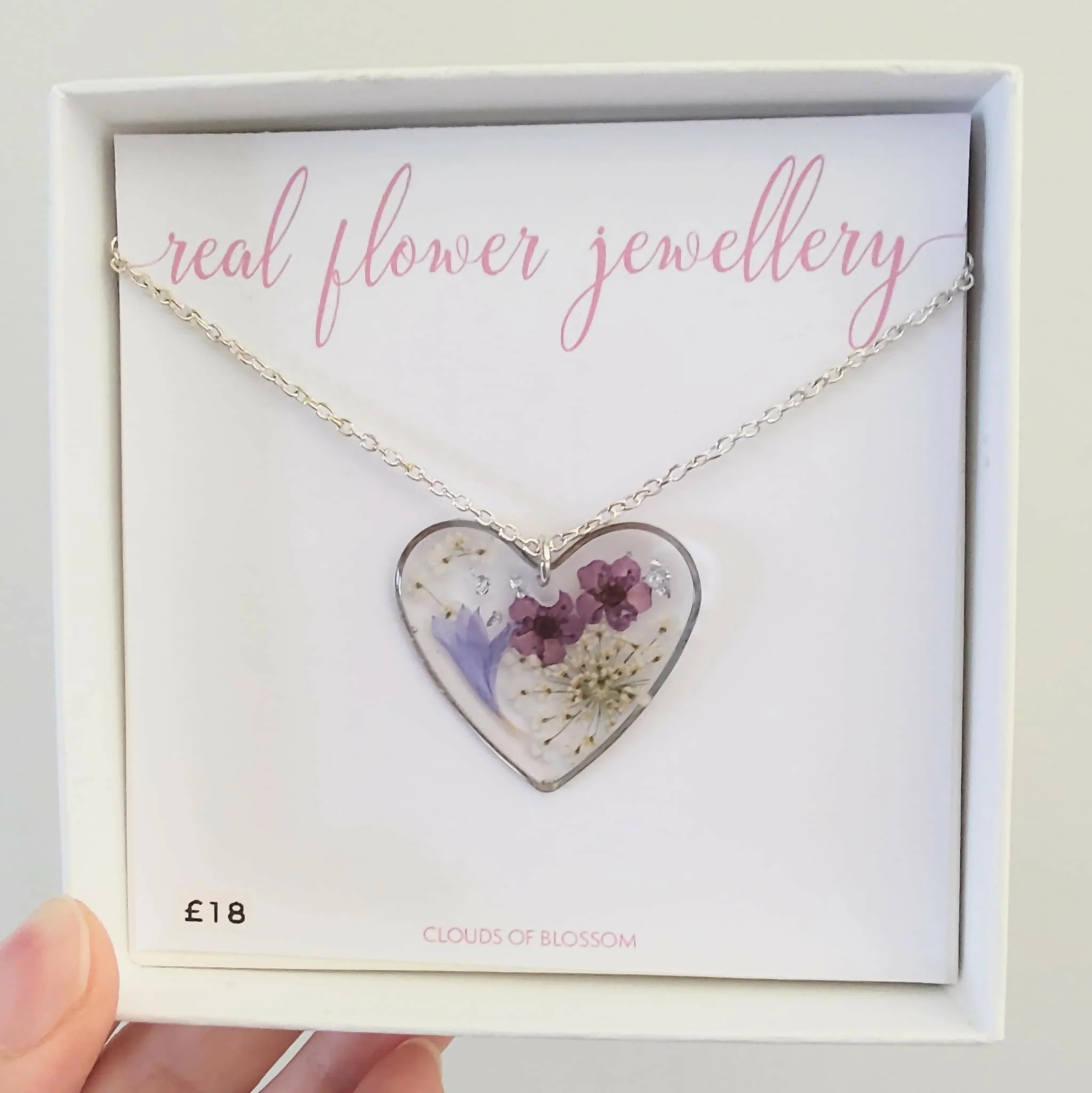 Real Flower Large Heart Necklace Silver Plated