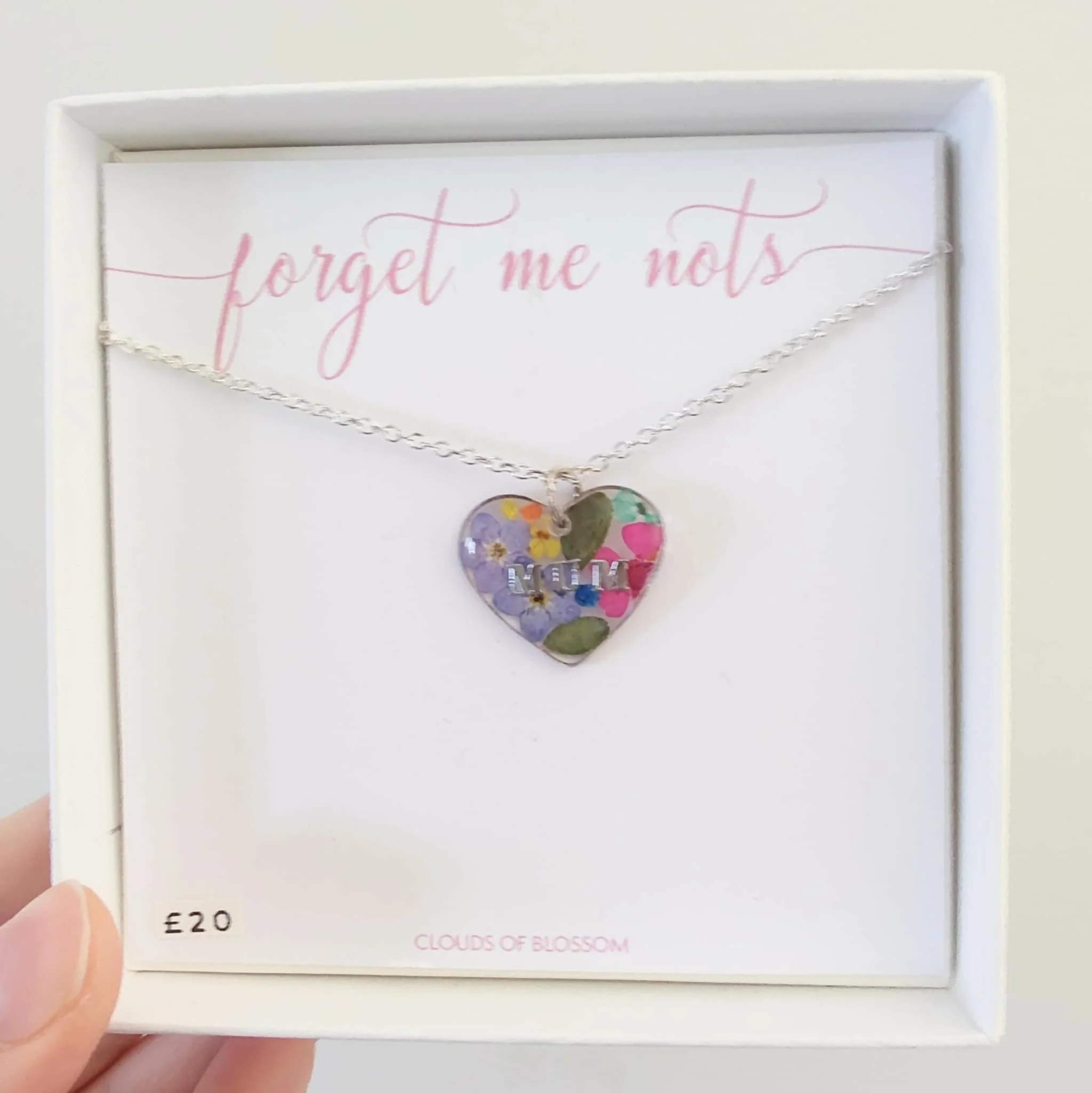 Real Flower Mum Heart Necklace Silver Plated