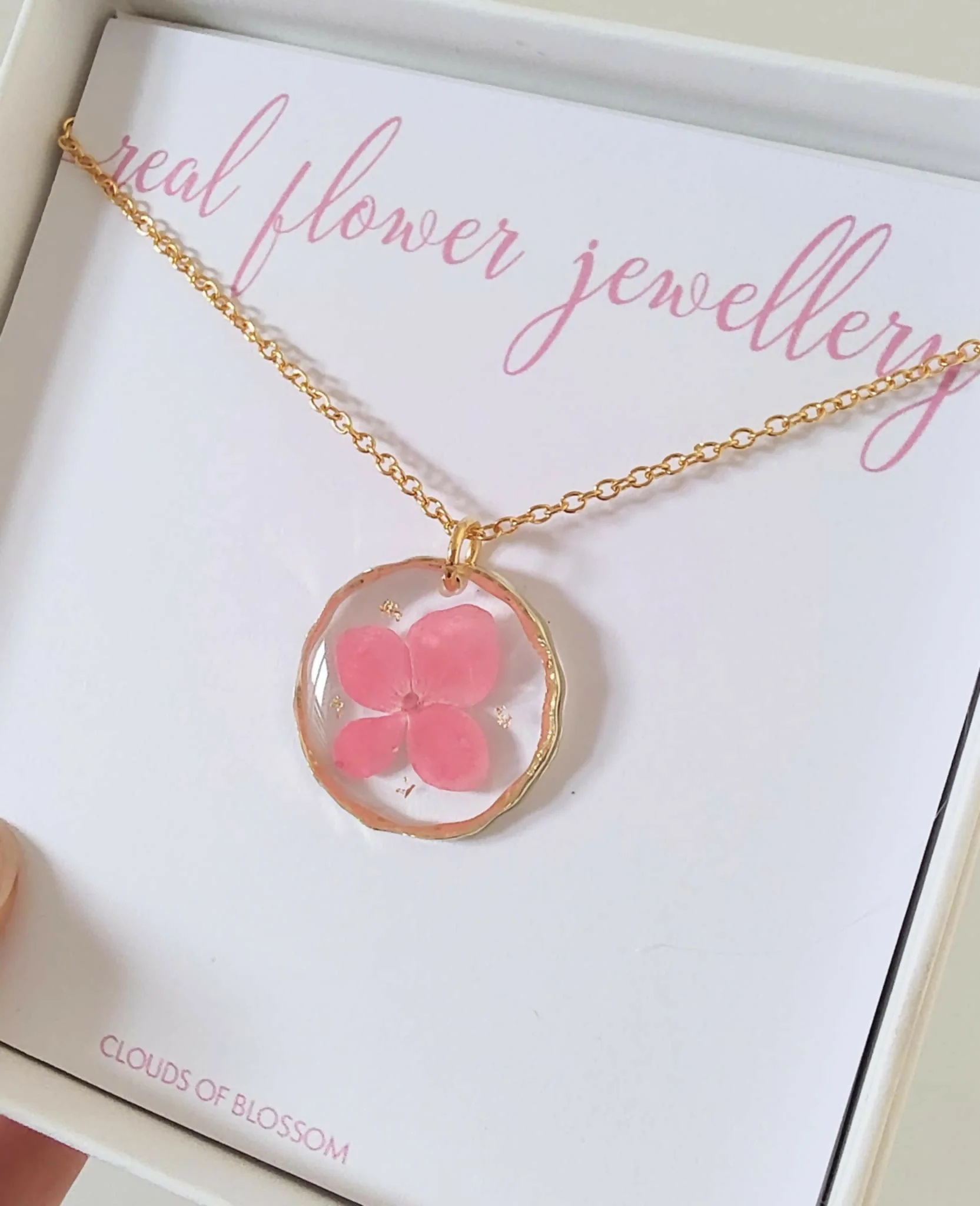 Real Flower Pink Hydrangea Necklace Gold Plated - Image 2