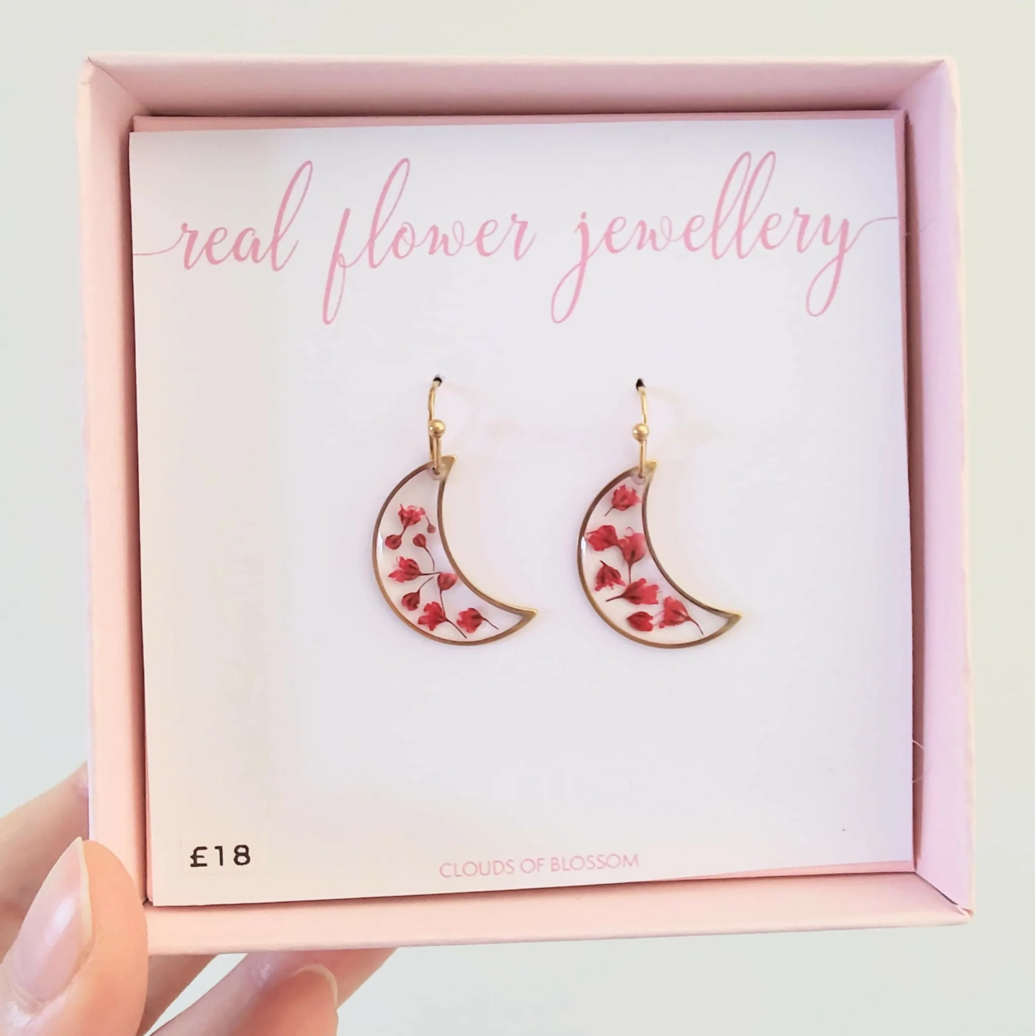 Real Flower Red Crescent Moon Earrings Gold Plated